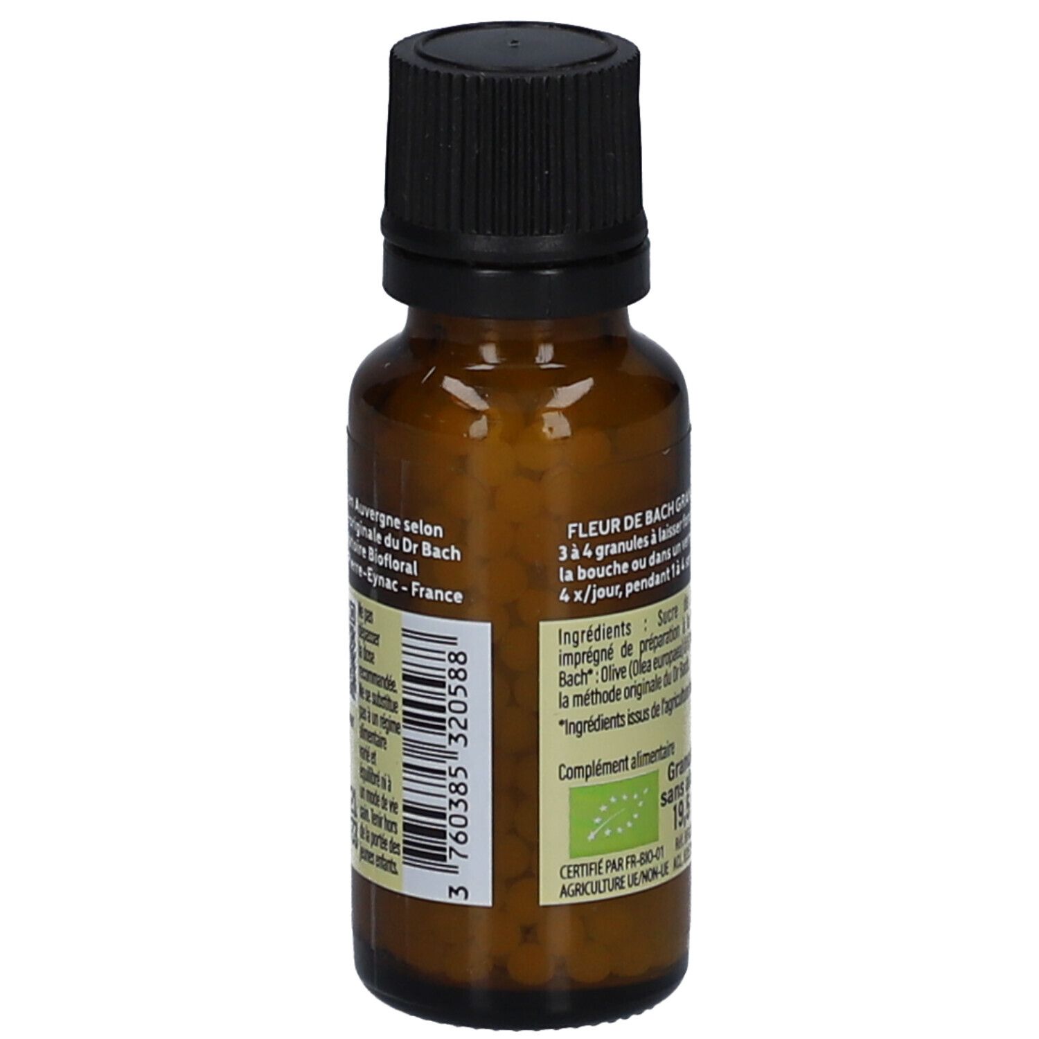 Dos du flacon. Étiquette avec informations d'utilisation et label bio. Texte en français.