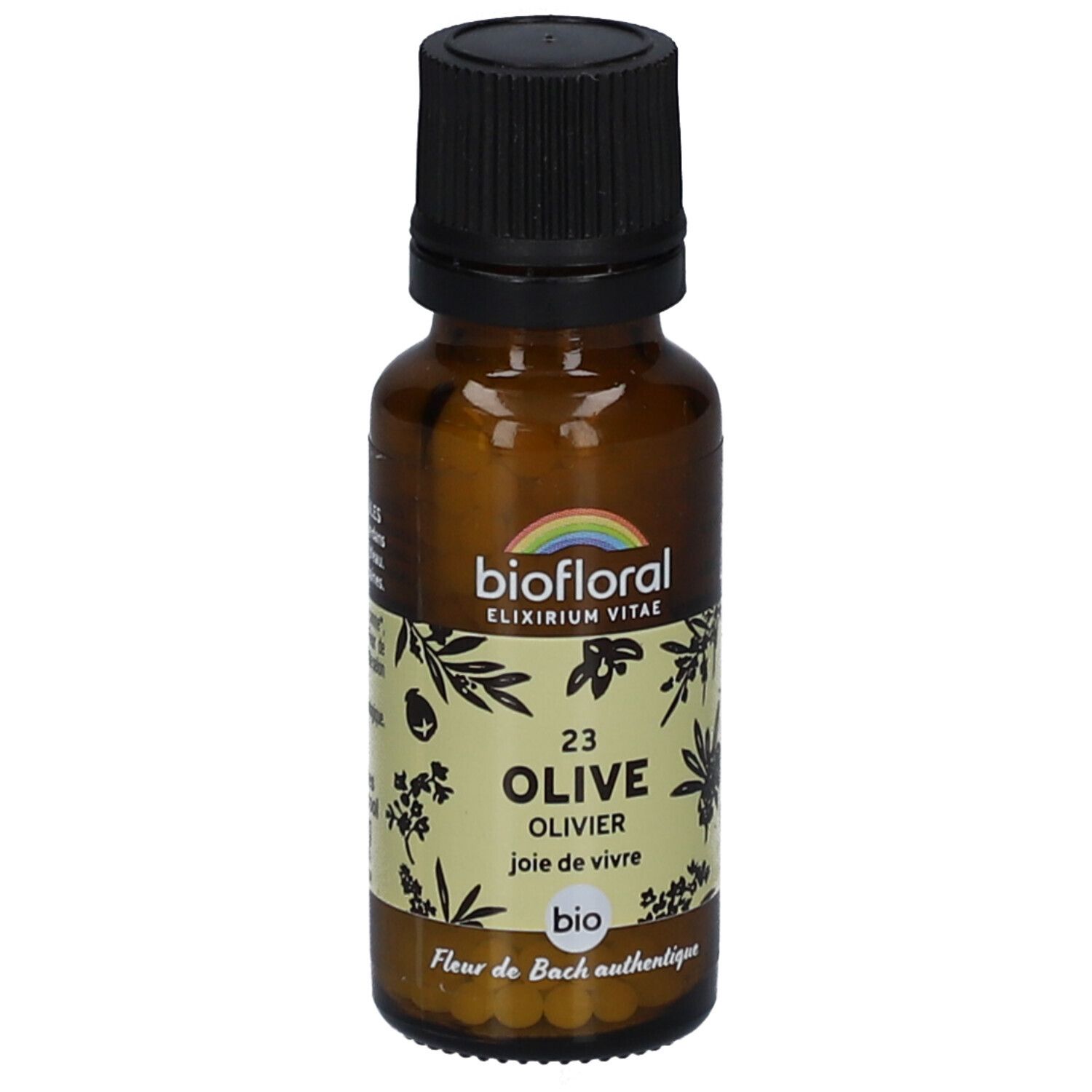 Flacon en verre brun avec bouchon noir. Étiquette avec nom du produit, logo et label bio. Inscription : 23 OLIVE OLIVIER.