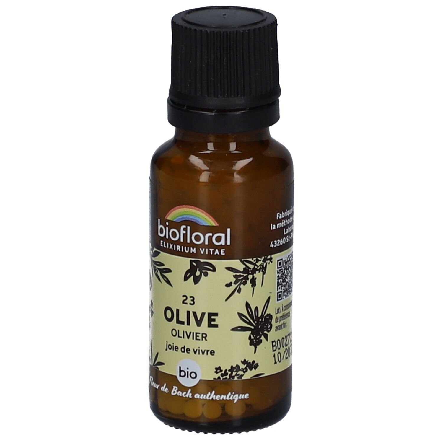 Flacon en verre brun avec bouchon noir. Étiquette avec nom du produit, logo et label bio. Inscription : 23 OLIVE OLIVIER. Code QR.