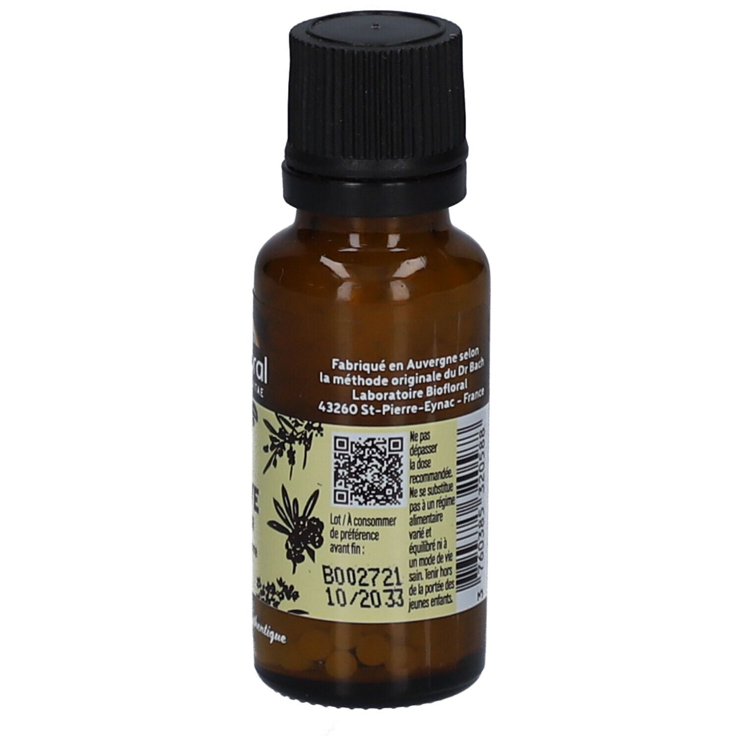 Dos du flacon. Étiquette avec adresse du fabricant, code QR et date de péremption. Texte en français.