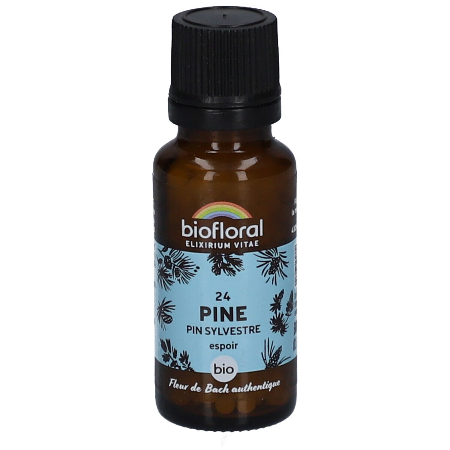 Braune Glasflasche mit schwarzem Deckel. Etikett mit "biofloral" und "24 Pine Pin Sylvestre". Bio-Siegel.