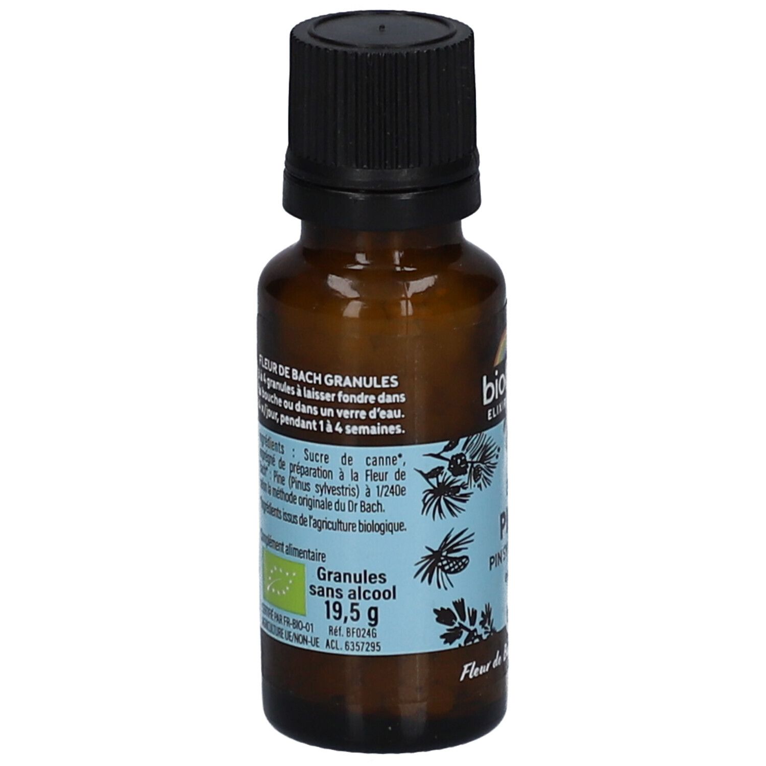 Braune Glasflasche mit schwarzem Deckel. Etikett mit "Fleur de Bach Granules". Enthält 19,5 g. Bio-Siegel.