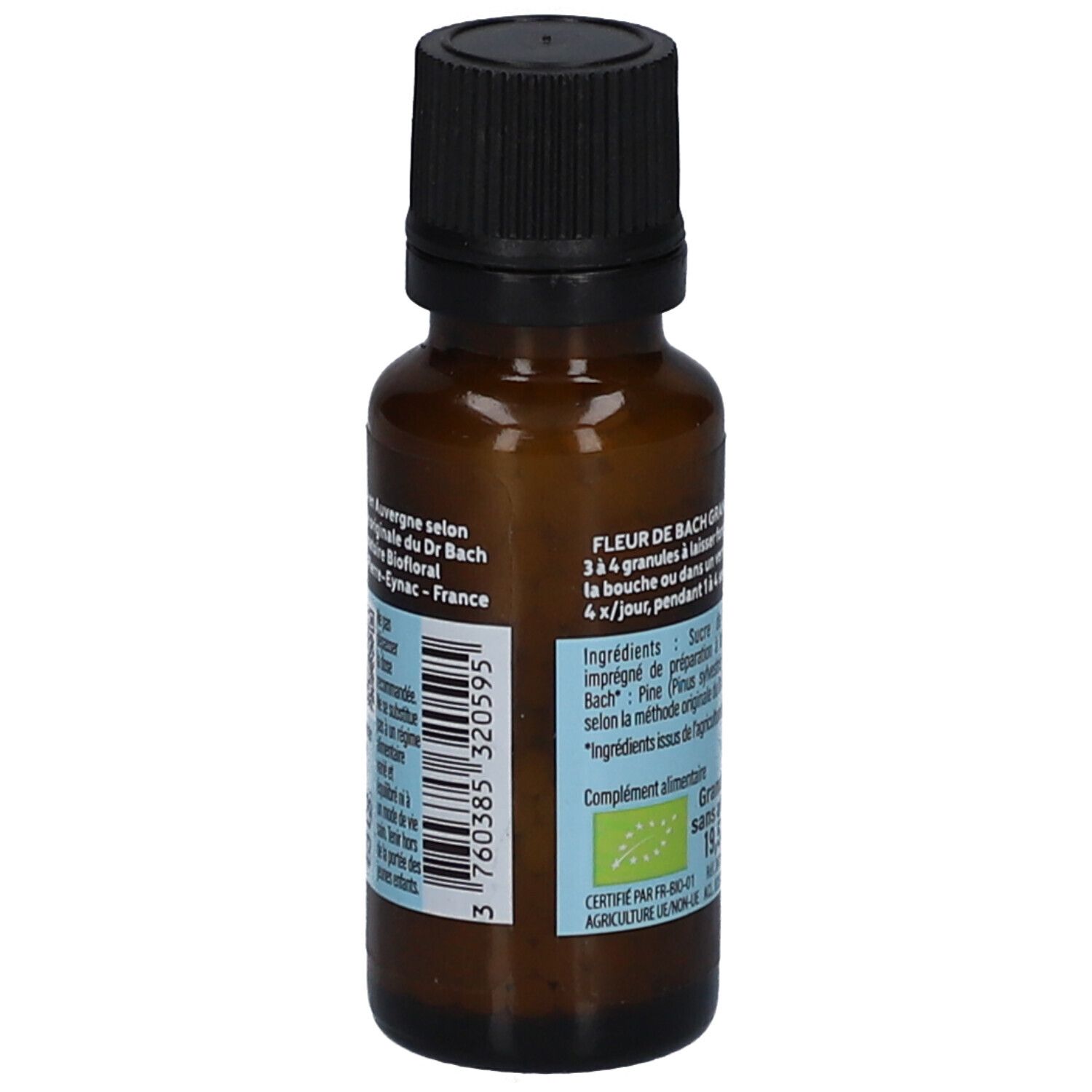 Braune Glasflasche mit schwarzem Deckel. Etikett mit Informationen zu "Fleur de Bach Granules". Bio-Siegel.