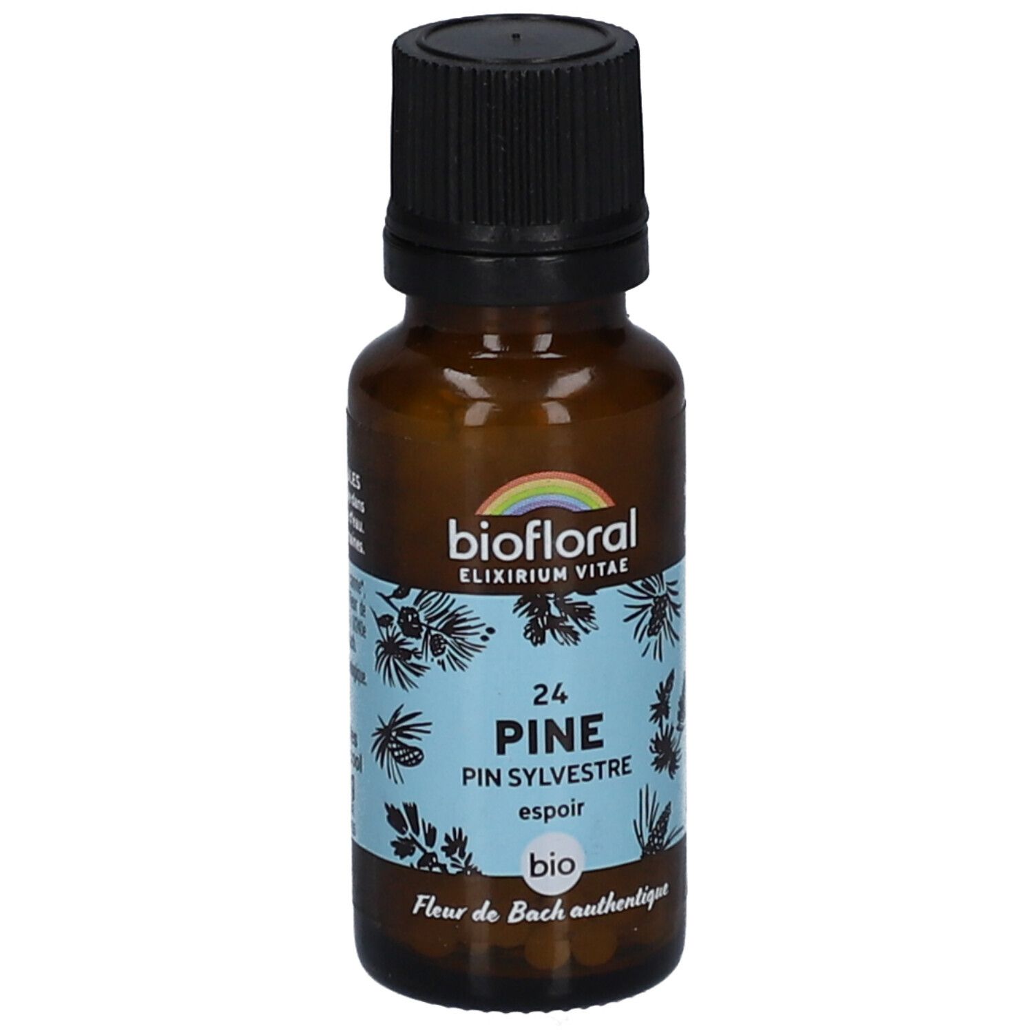 Braune Glasflasche mit schwarzem Deckel. Etikett mit "biofloral" und "24 Pine Pin Sylvestre". Bio-Siegel.