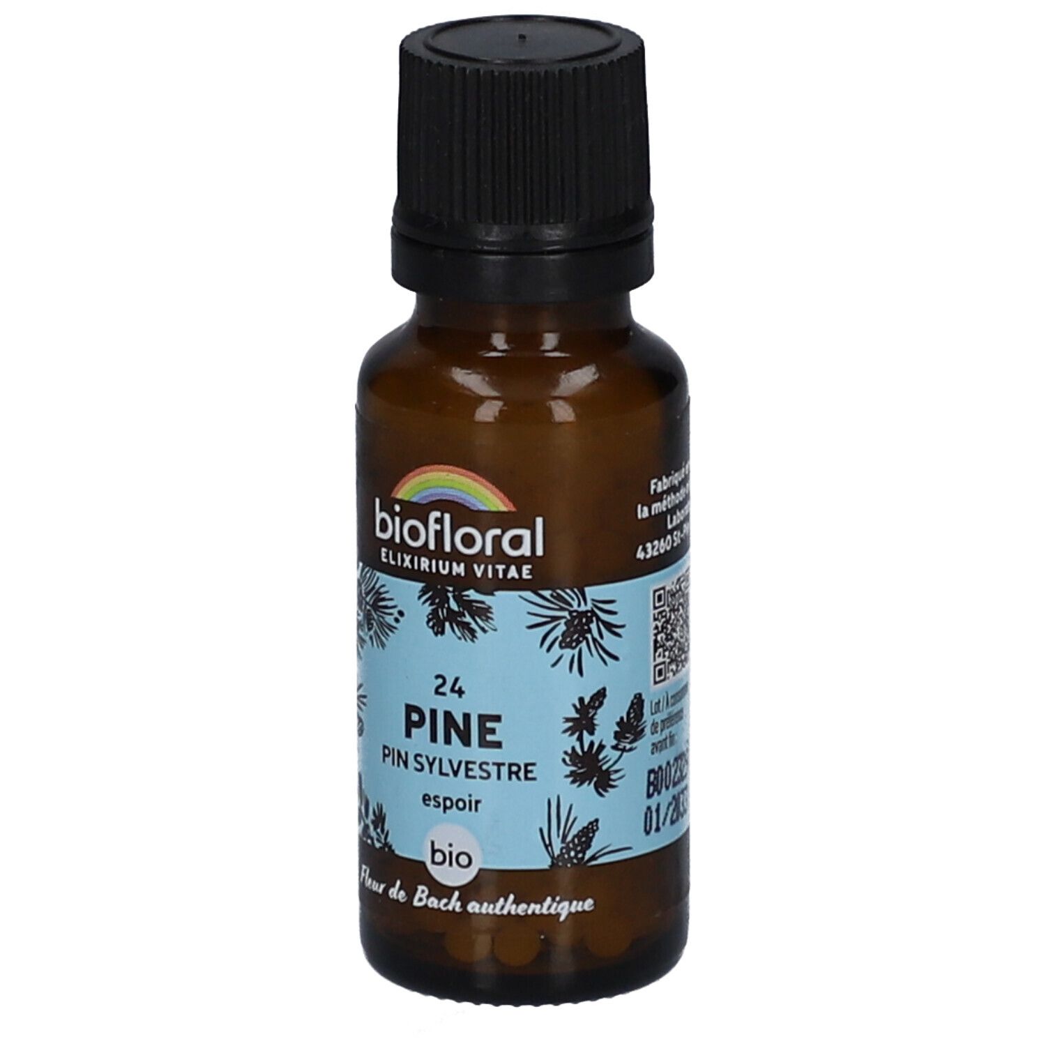 Braune Glasflasche mit schwarzem Deckel. Etikett mit "biofloral" und "24 Pine Pin Sylvestre". Bio-Siegel und QR-Code.