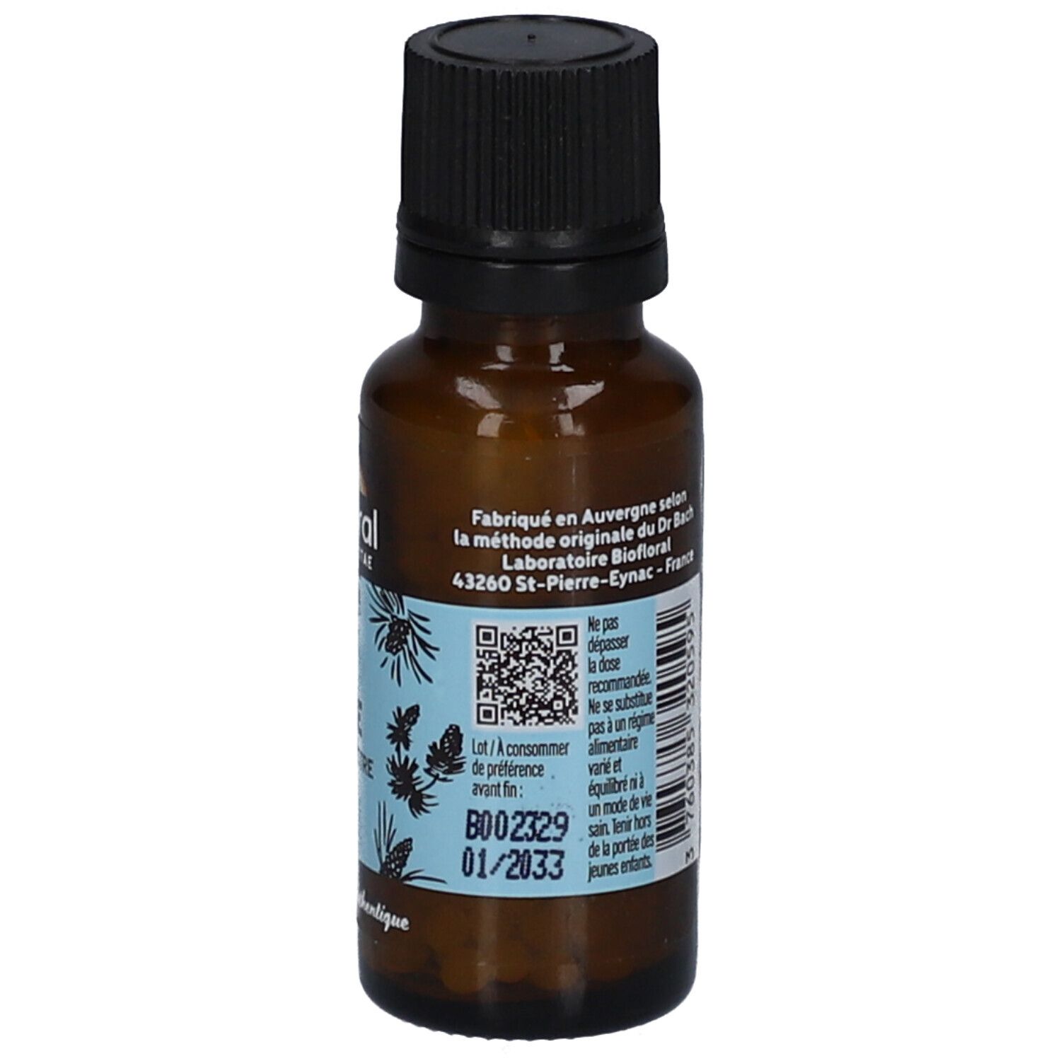 Braune Glasflasche mit schwarzem Deckel. Etikett mit QR-Code und Verfallsdatum. Bio-Siegel.