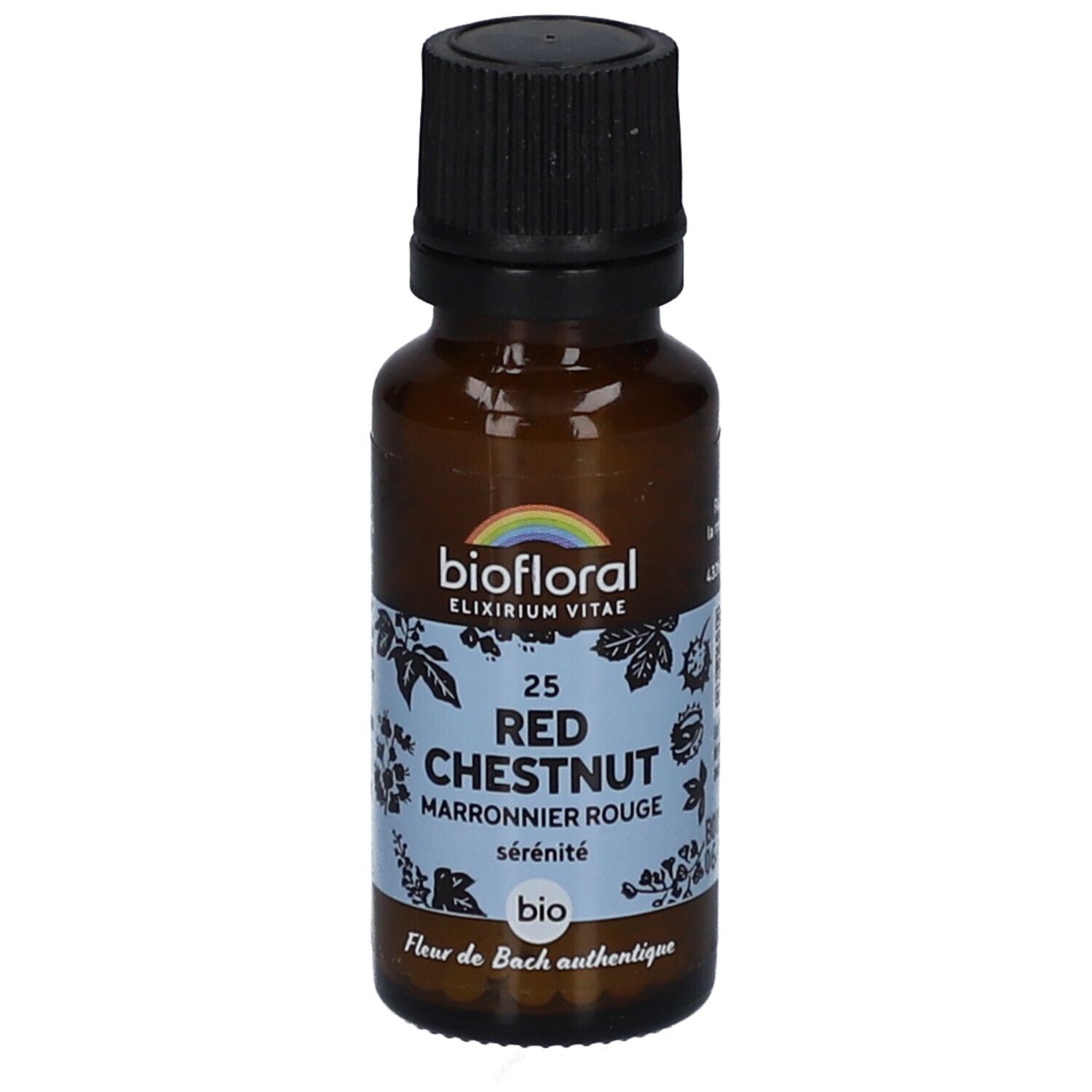 Braune Glasflasche mit schwarzem Deckel. Etikett mit "biofloral" und "25 Red Chestnut Marronnier Rouge".