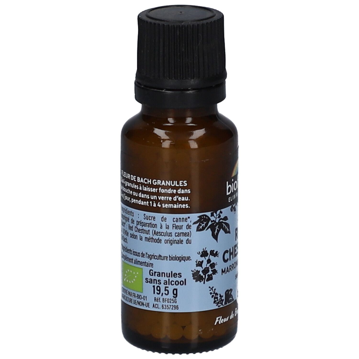 Braune Glasflasche mit schwarzem Deckel. Rückseite mit Text und "Fleur de Bach granules". Etikett mit "19,5 g".