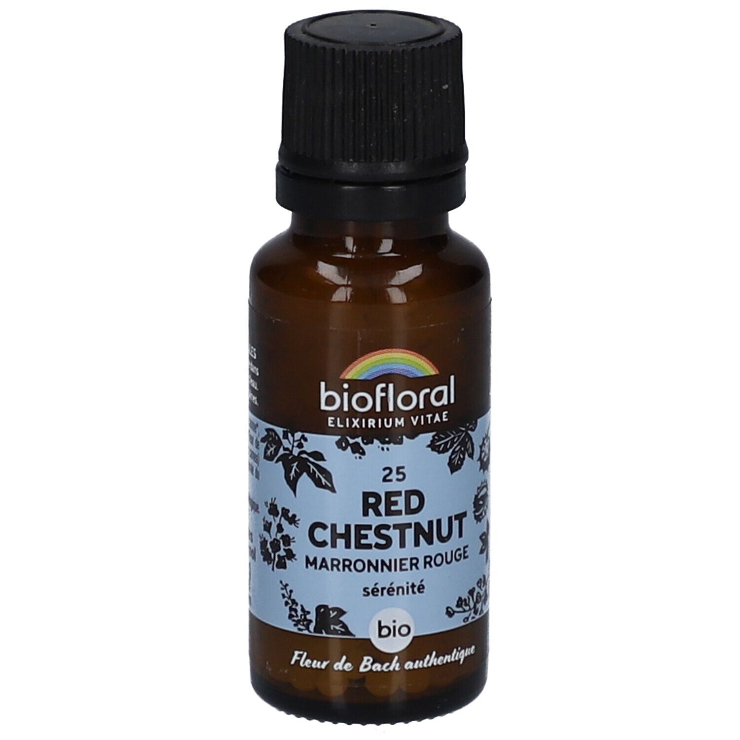 Braune Glasflasche mit schwarzem Deckel. Etikett mit "biofloral" und "25 Red Chestnut Marronnier Rouge".