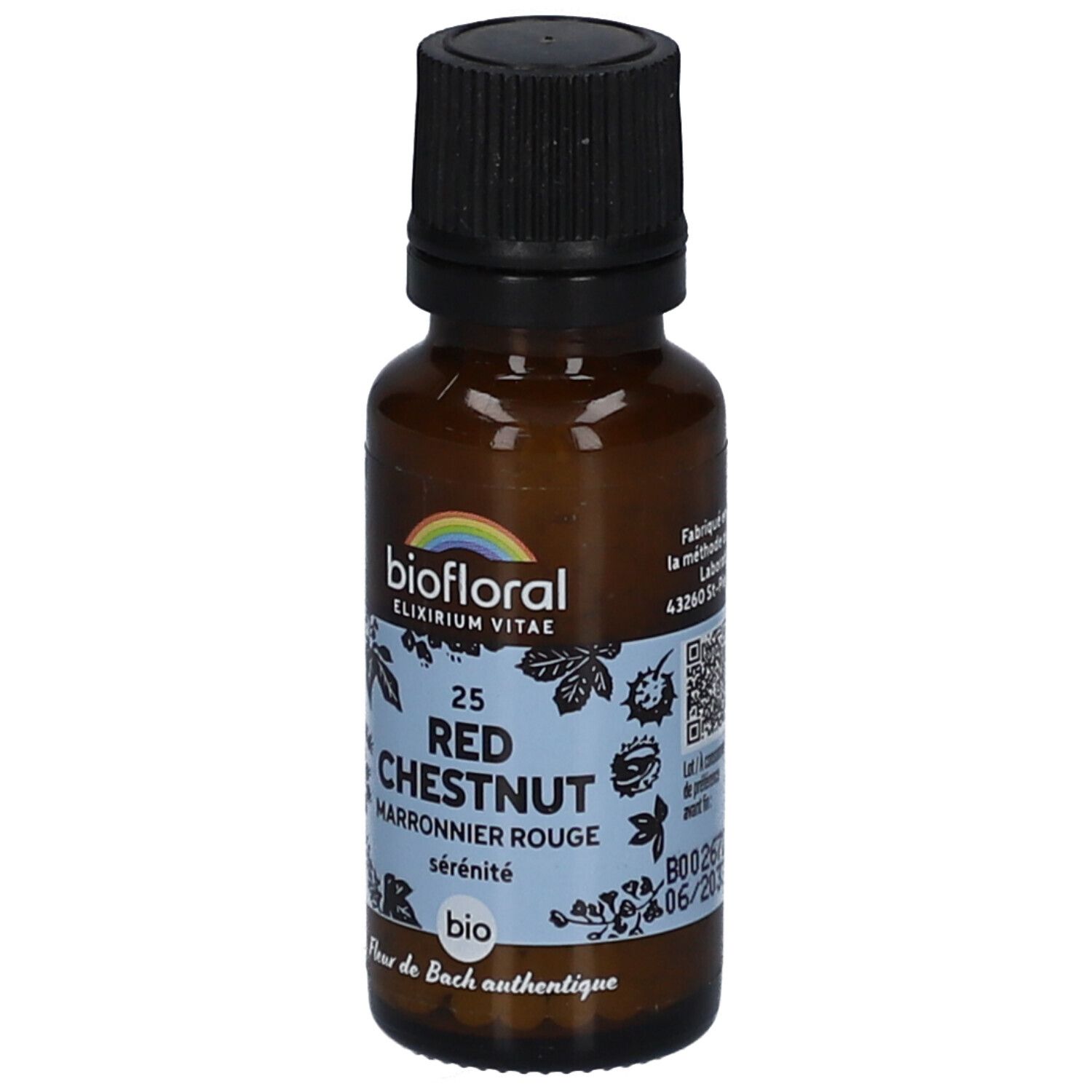 Braune Glasflasche mit schwarzem Deckel. Etikett mit "biofloral" und "25 Red Chestnut Marronnier Rouge".