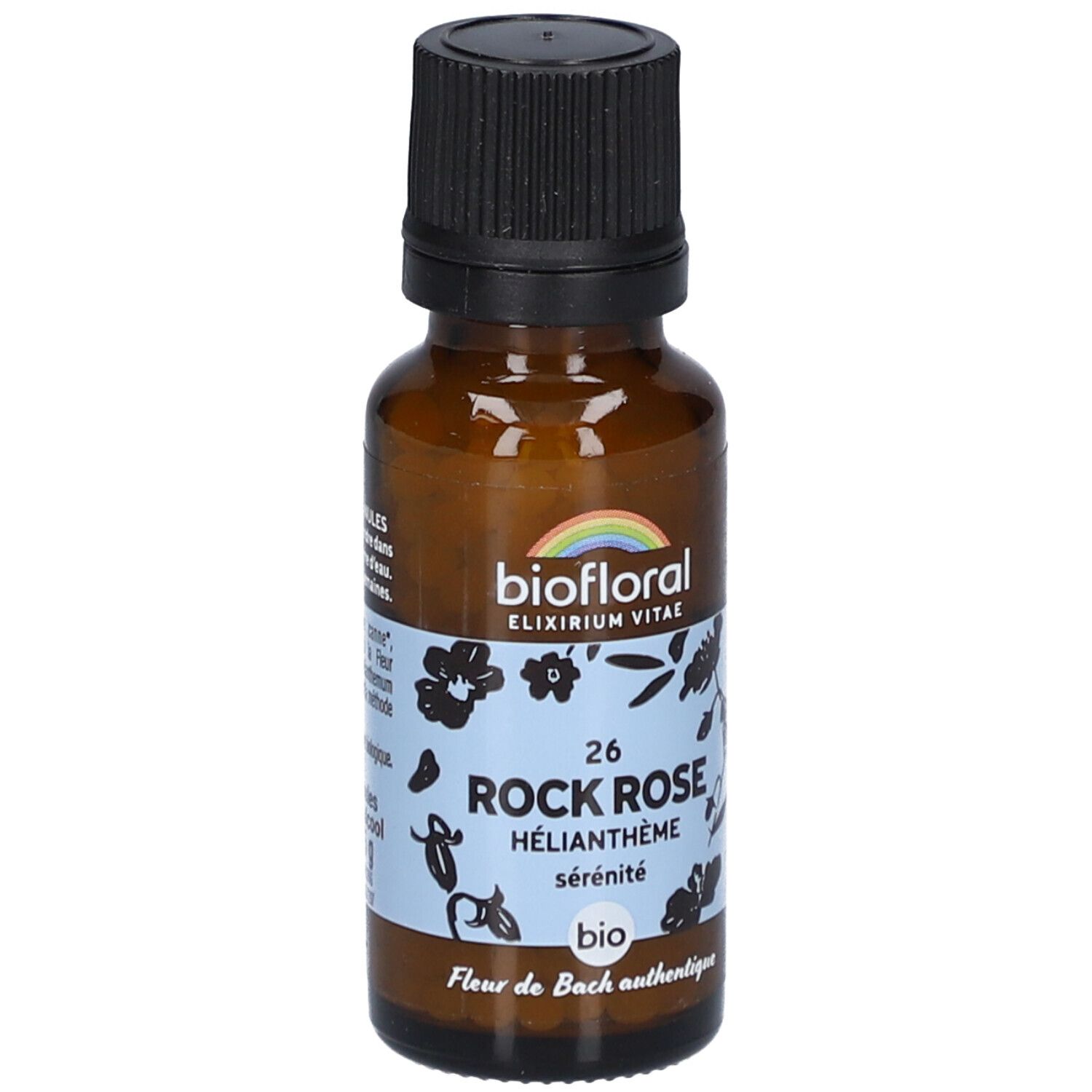 Flacon en verre brun avec bouchon noir. Étiquette "biofloral" et "Rock Rose".