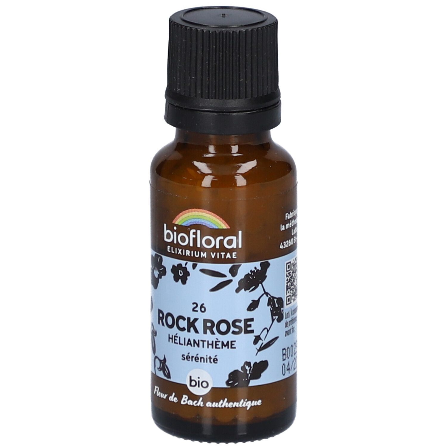 Flacon en verre brun avec bouchon noir. Étiquette "biofloral" et "Rock Rose".