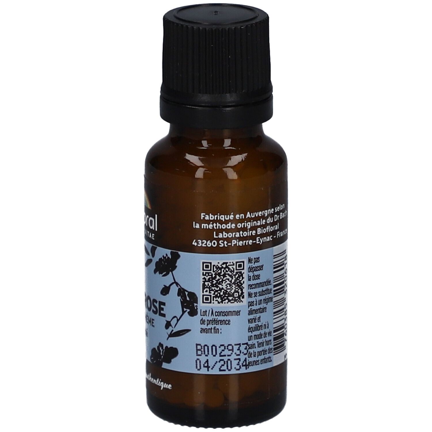 Flacon en verre brun avec bouchon noir. Étiquette avec texte, QR code et date de péremption.
