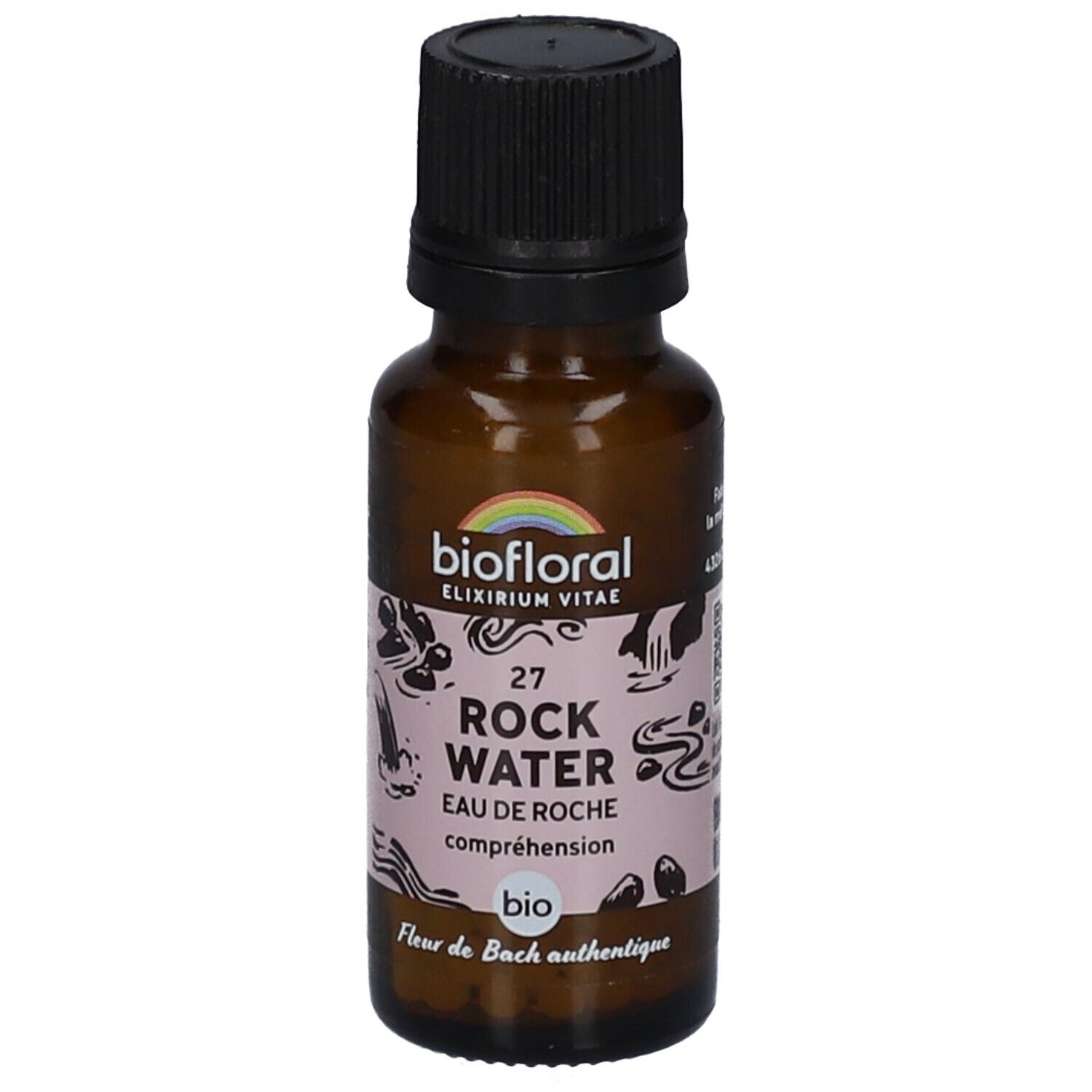 Flacon en verre brun, bouchon noir. Étiquette avec nom du produit et logo. Certification bio.