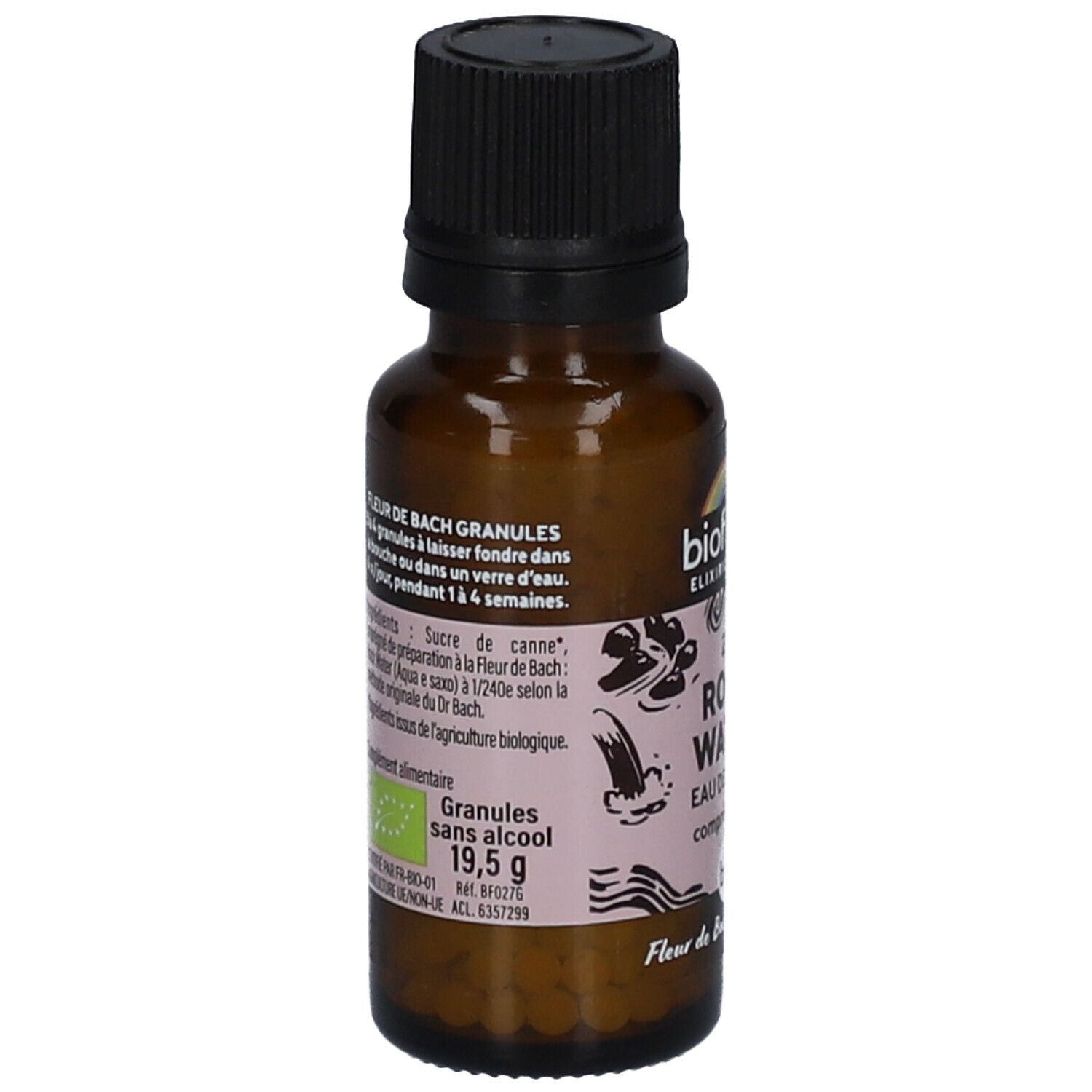 Flacon en verre brun, bouchon noir. Étiquette avec informations produit et ingrédients. Certification bio.