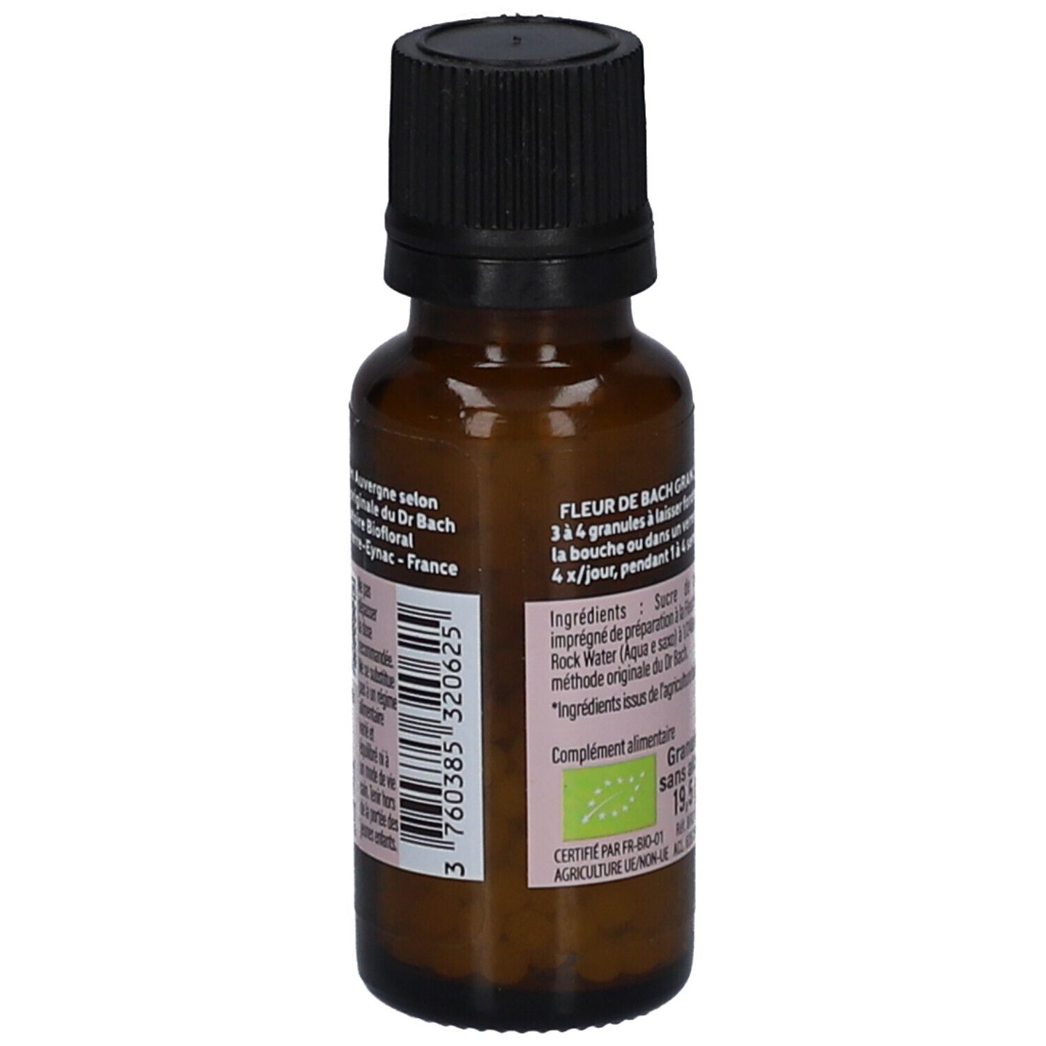 Flacon en verre brun, bouchon noir. Étiquette avec informations produit et ingrédients. Certification bio.