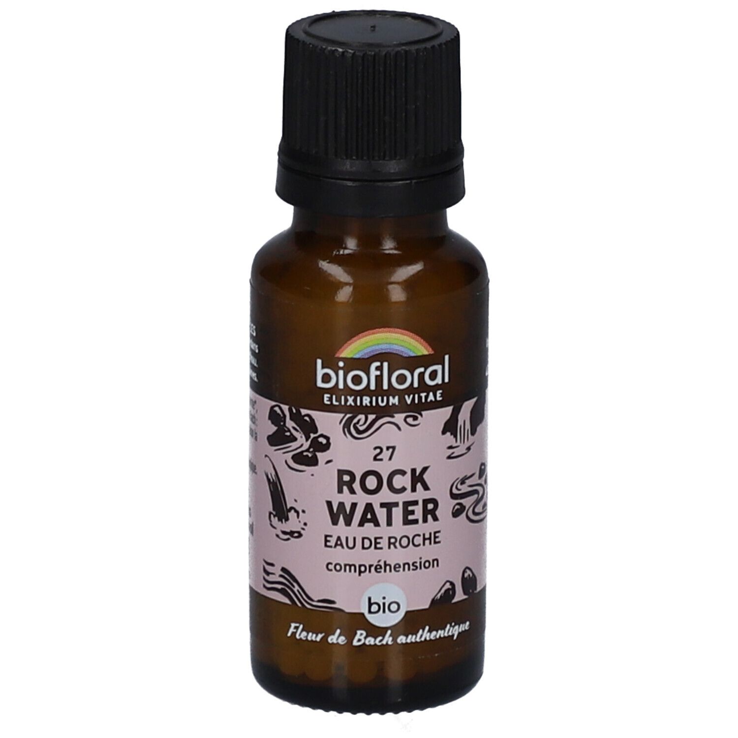 Flacon en verre brun, bouchon noir. Étiquette avec nom du produit et logo. Certification bio.