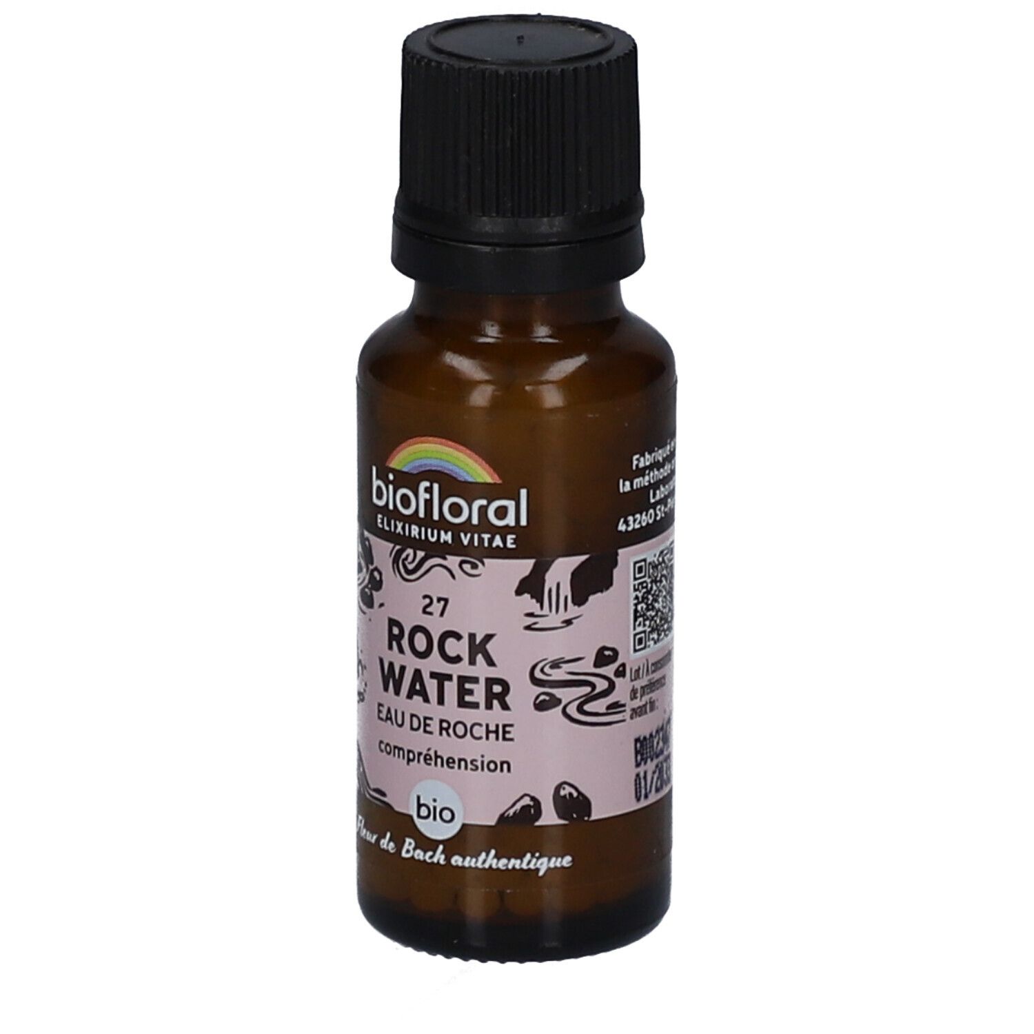 Flacon en verre brun, bouchon noir. Étiquette avec nom du produit et logo. Certification bio.