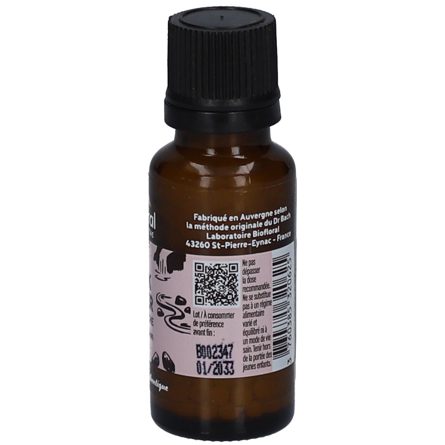 Flacon en verre brun, bouchon noir. Étiquette avec informations, QR code et date de péremption.