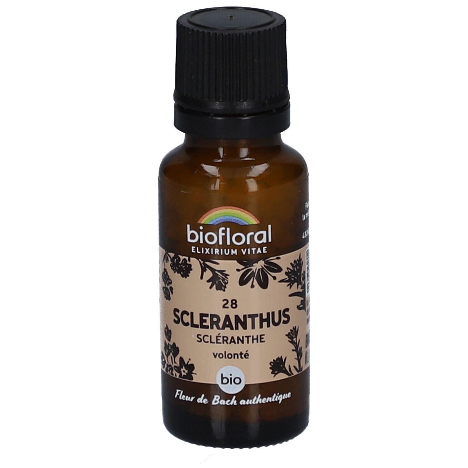 Flacon en verre brun avec bouchon noir. Étiquette avec texte: BIOFLORAL, 28 SCLERANTHUS, Scléranthe, bio.