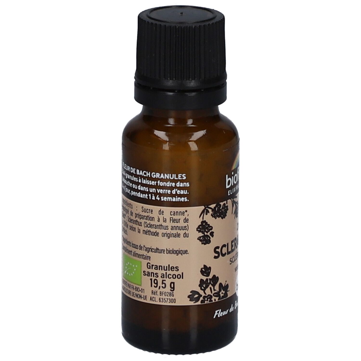 Flacon en verre brun avec bouchon noir. Étiquette avec texte et ingrédients. Certification BIO.