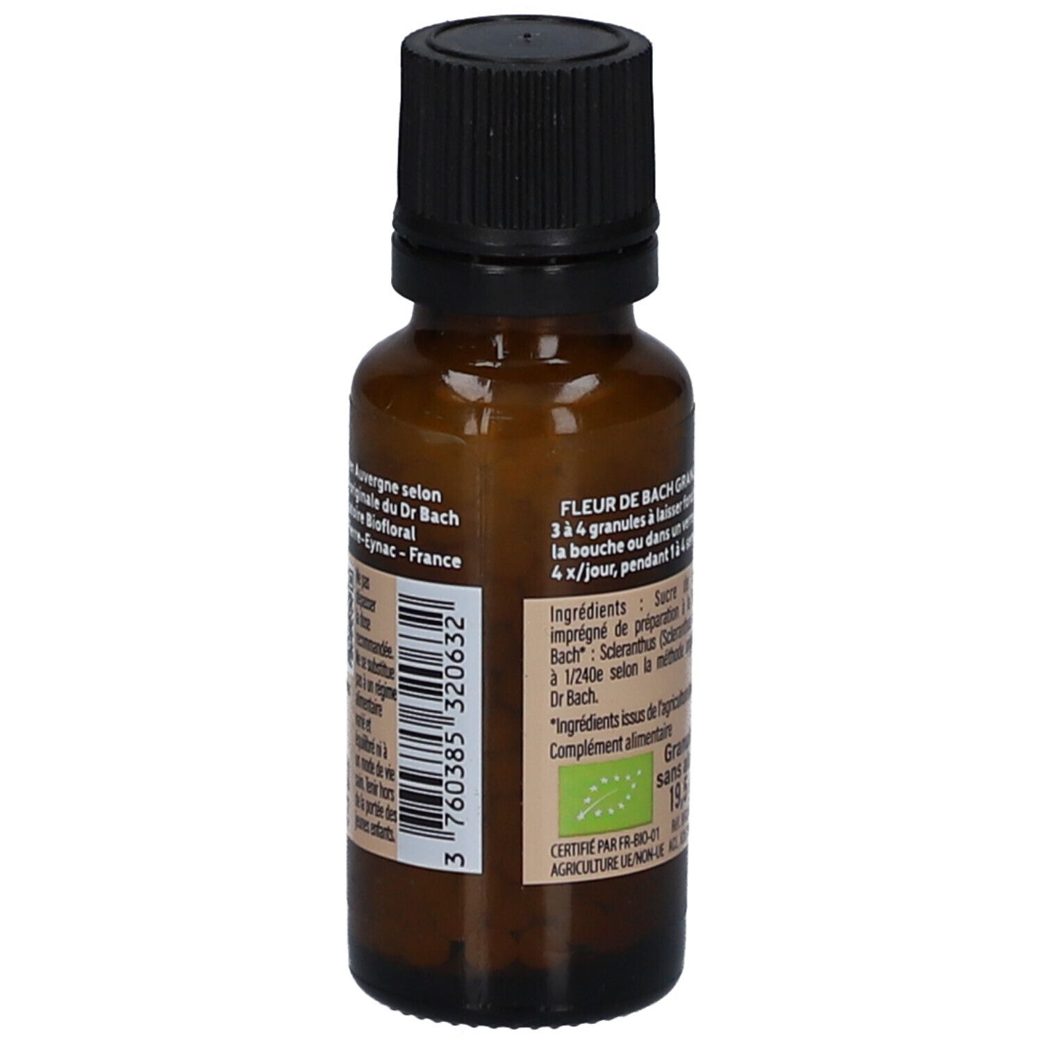 Flacon en verre brun avec bouchon noir. Étiquette avec texte et ingrédients. Certification BIO.