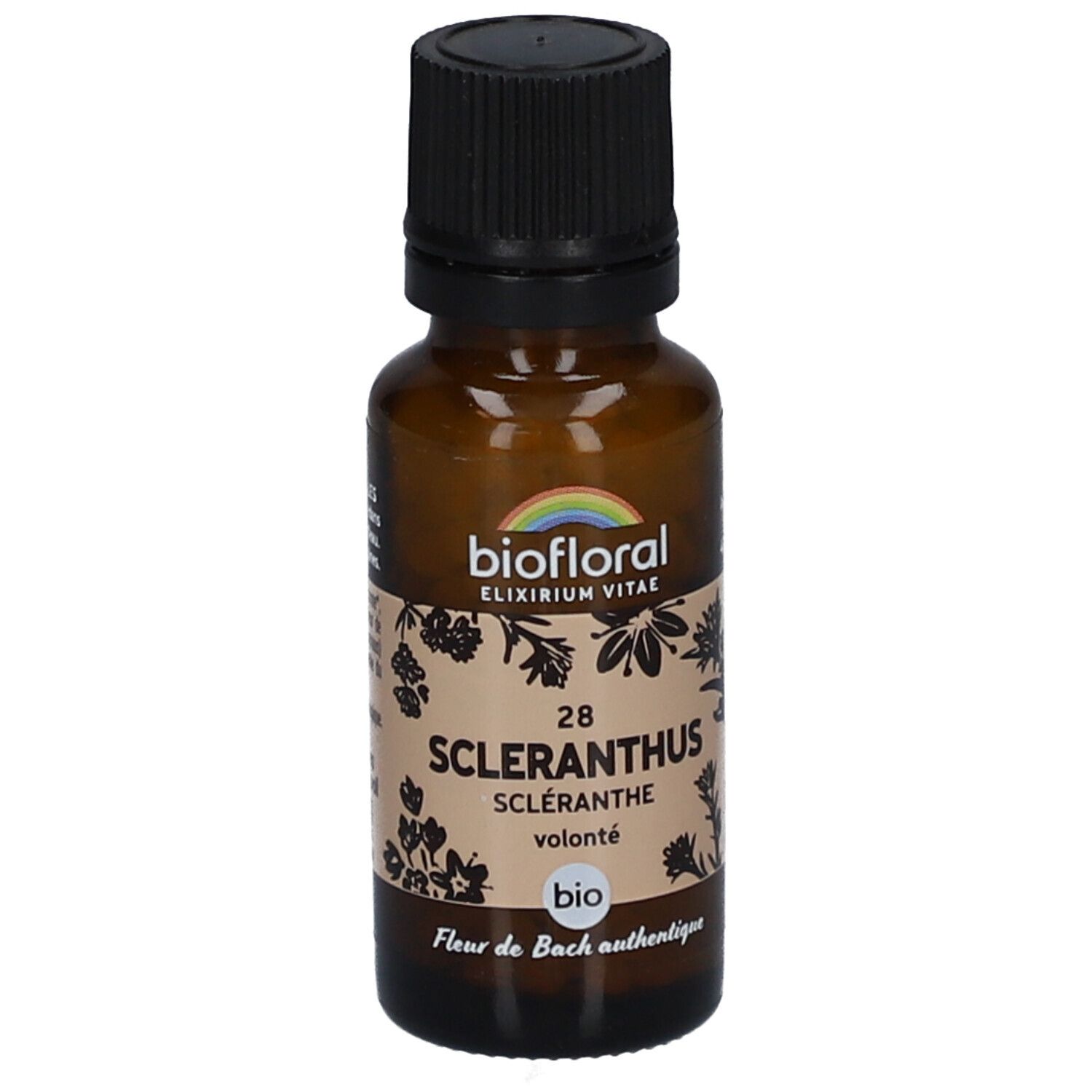 Flacon en verre brun avec bouchon noir. Étiquette avec texte: BIOFLORAL, 28 SCLERANTHUS, Scléranthe, bio.