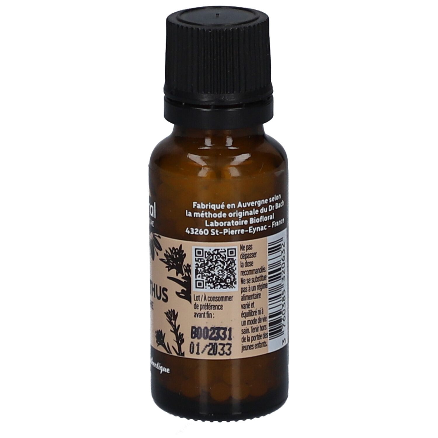 Flacon en verre brun avec bouchon noir. Étiquette avec texte et QR code. Date de péremption.