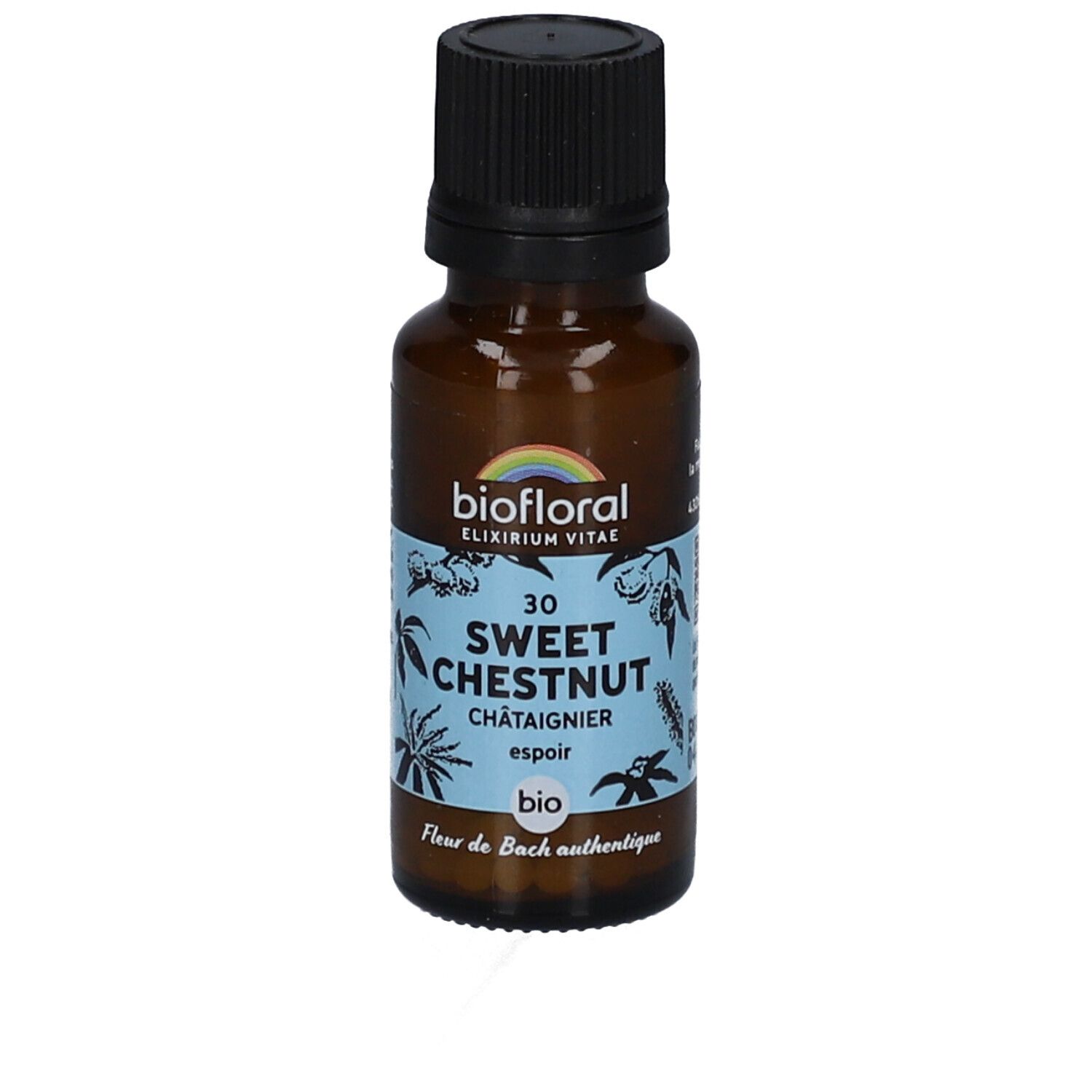 Flacon en verre brun avec bouchon noir. Étiquette avec nom du produit, marque et label bio. Logo arc-en-ciel.