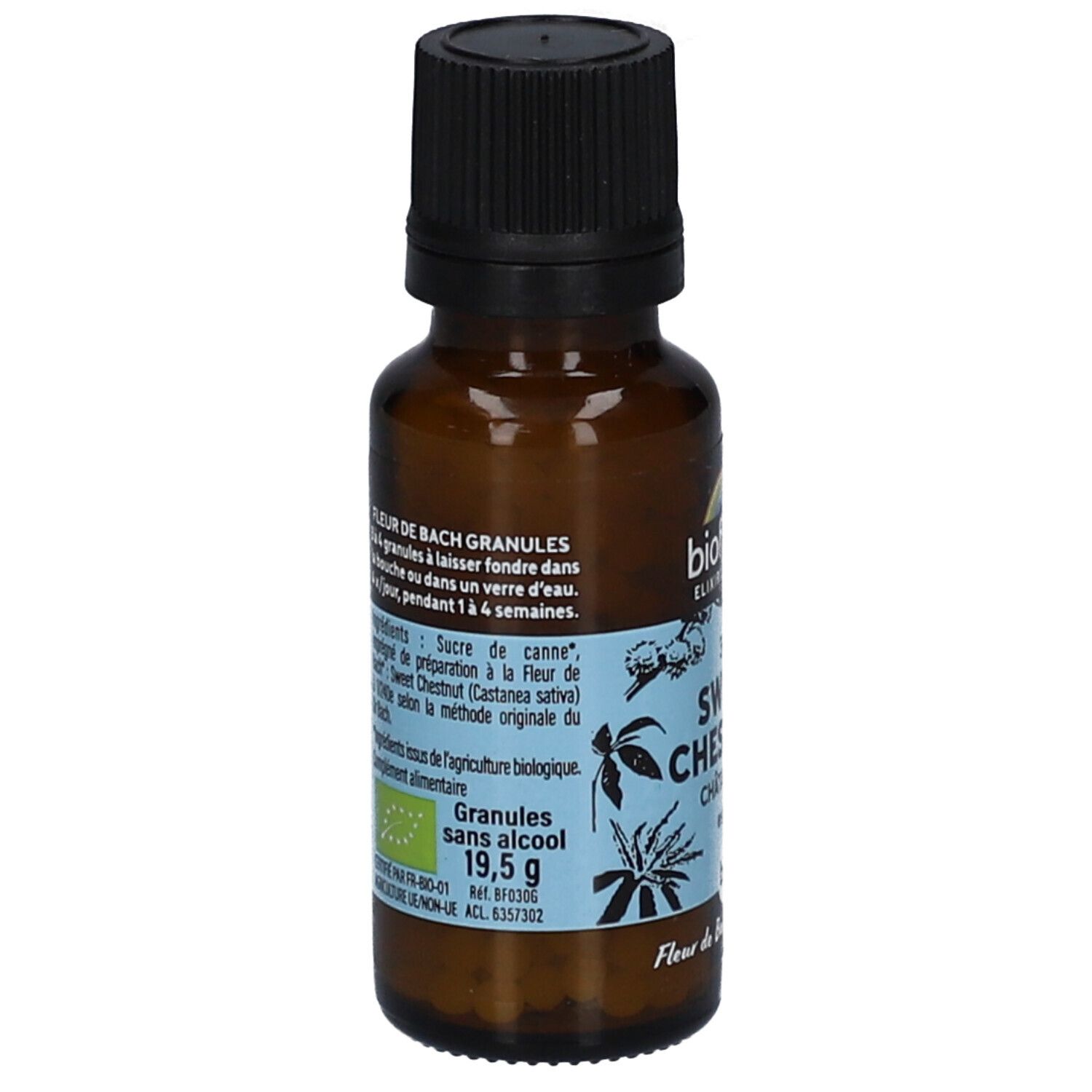 Flacon en verre brun avec bouchon noir. Étiquette avec ingrédients et label bio. Nom du produit et marque.