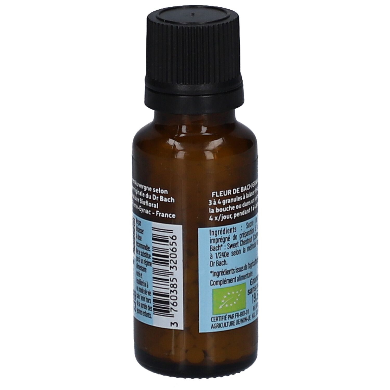 Flacon en verre brun avec bouchon noir. Étiquette avec informations d'utilisation et label bio. Marque.