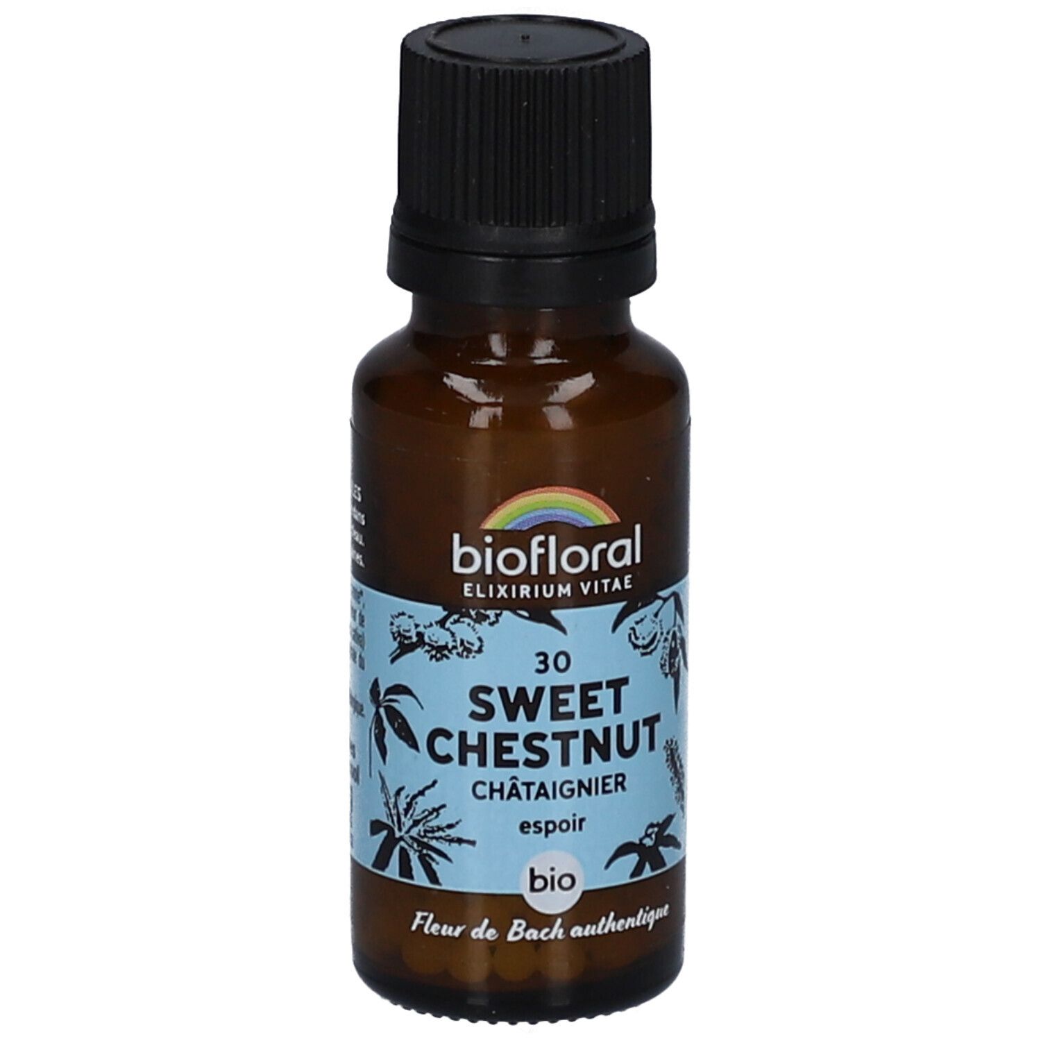 Flacon en verre brun avec bouchon noir. Étiquette avec nom du produit, marque et label bio. Logo arc-en-ciel.