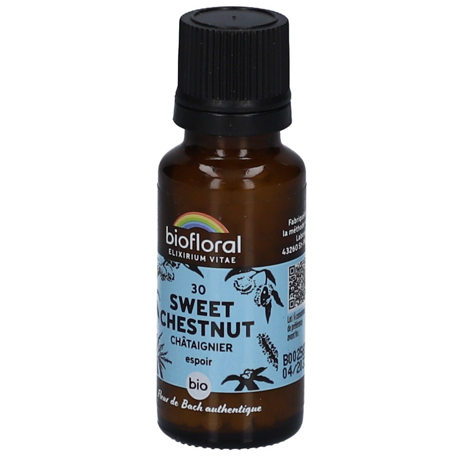 Flacon en verre brun avec bouchon noir. Étiquette avec nom du produit, marque, label bio et code QR.