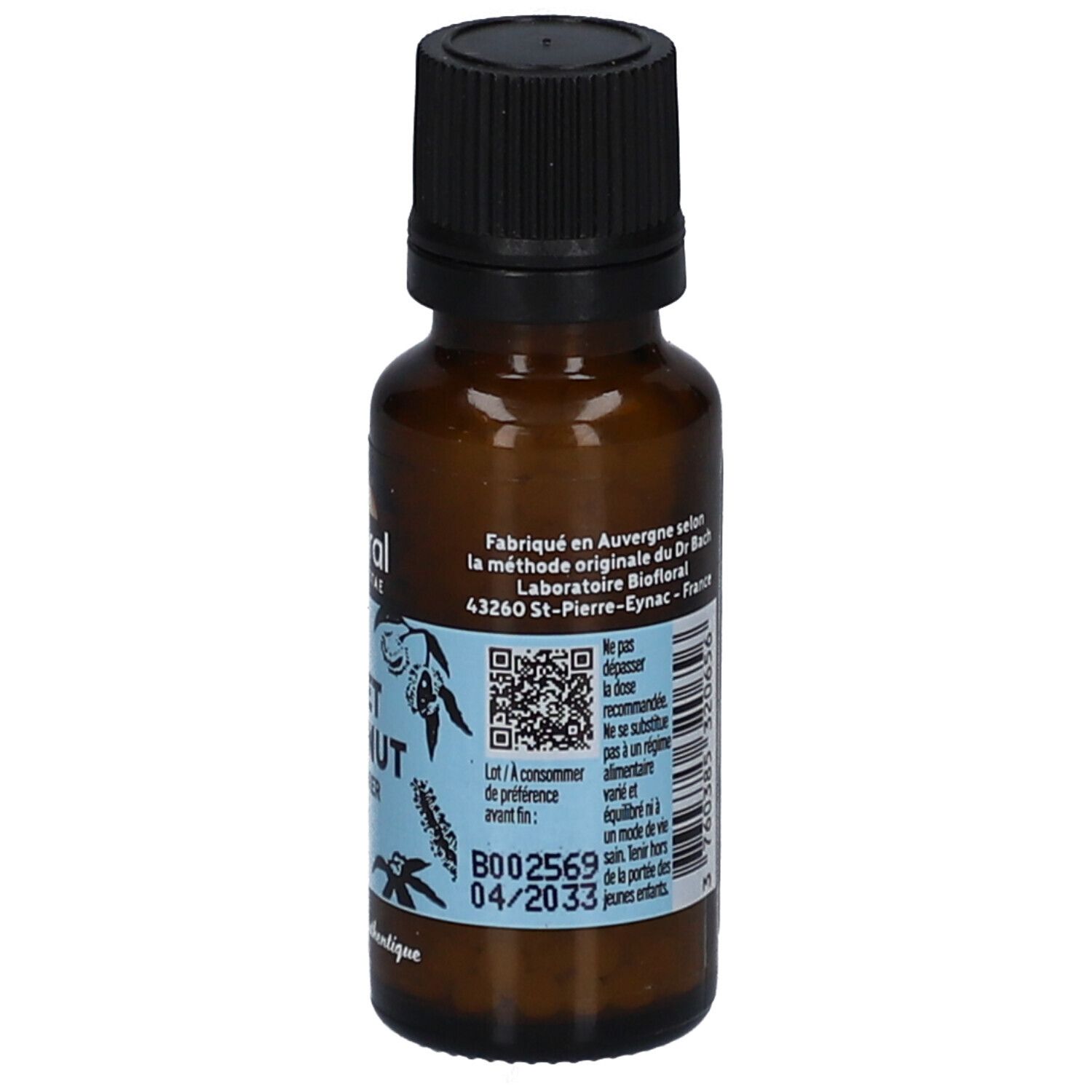 Flacon en verre brun avec bouchon noir. Étiquette avec informations, code QR et date de péremption.