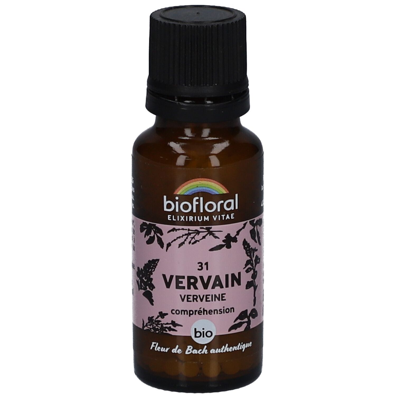 Flacon en verre brun avec bouchon noir. Étiquette avec texte: BIOFLORAL, Vervain, Verveine, Bio. Logo arc-en-ciel.