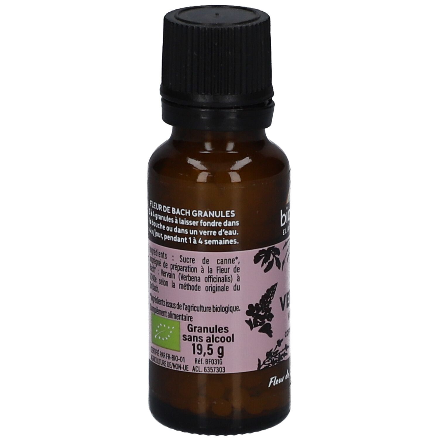 Flacon en verre brun avec bouchon noir. Étiquette avec texte et ingrédients. Certification bio. Contenu: 19,5 g.