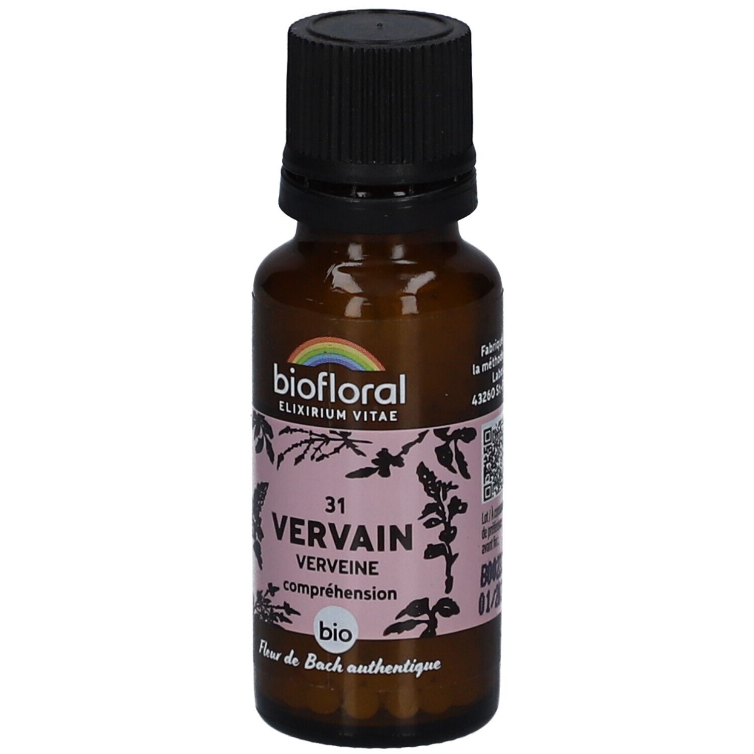 Flacon en verre brun avec bouchon noir. Étiquette avec texte: BIOFLORAL, Vervain, Verveine, Bio. Logo arc-en-ciel.