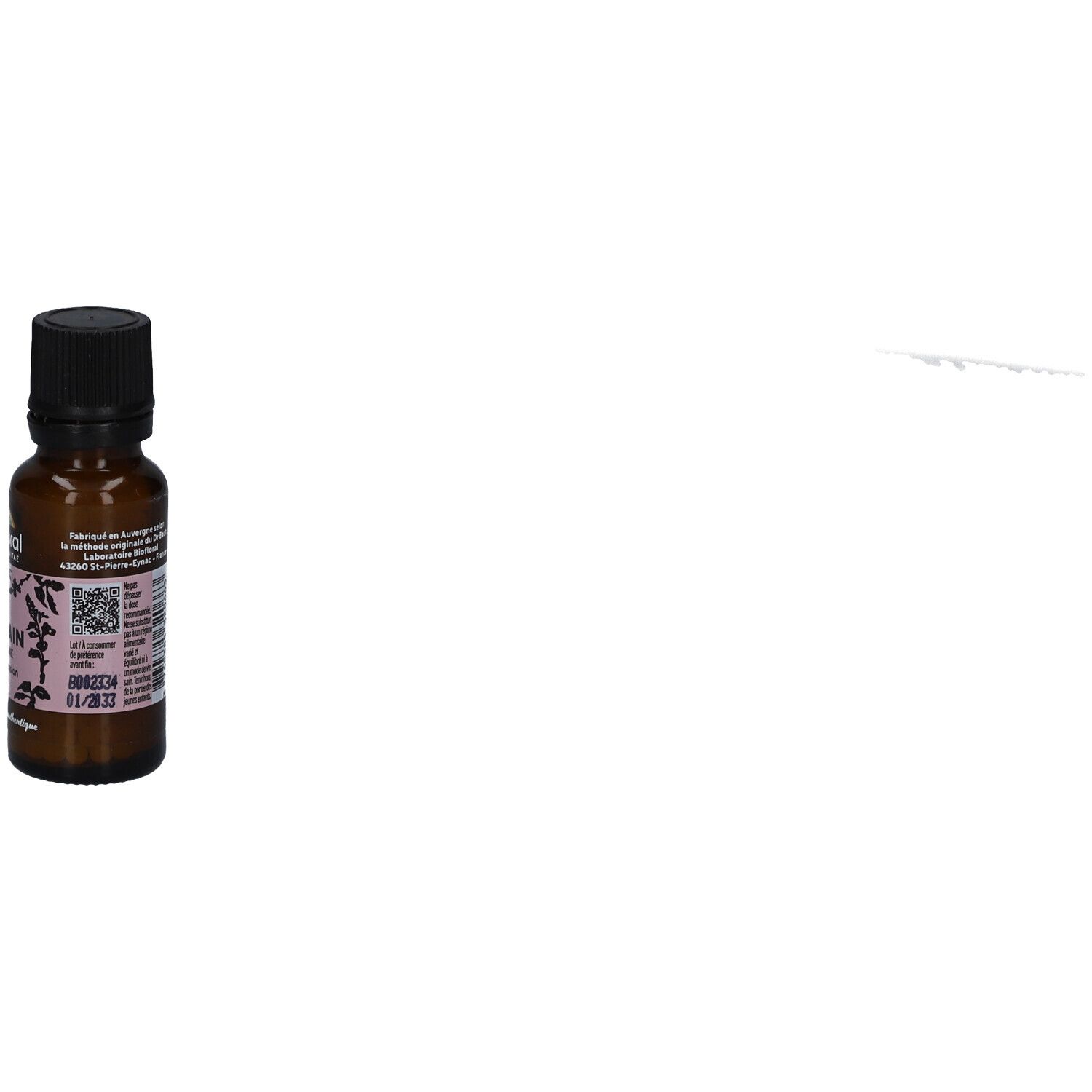 Flacon en verre brun avec bouchon noir. Étiquette avec texte et code-barres. Certification bio.