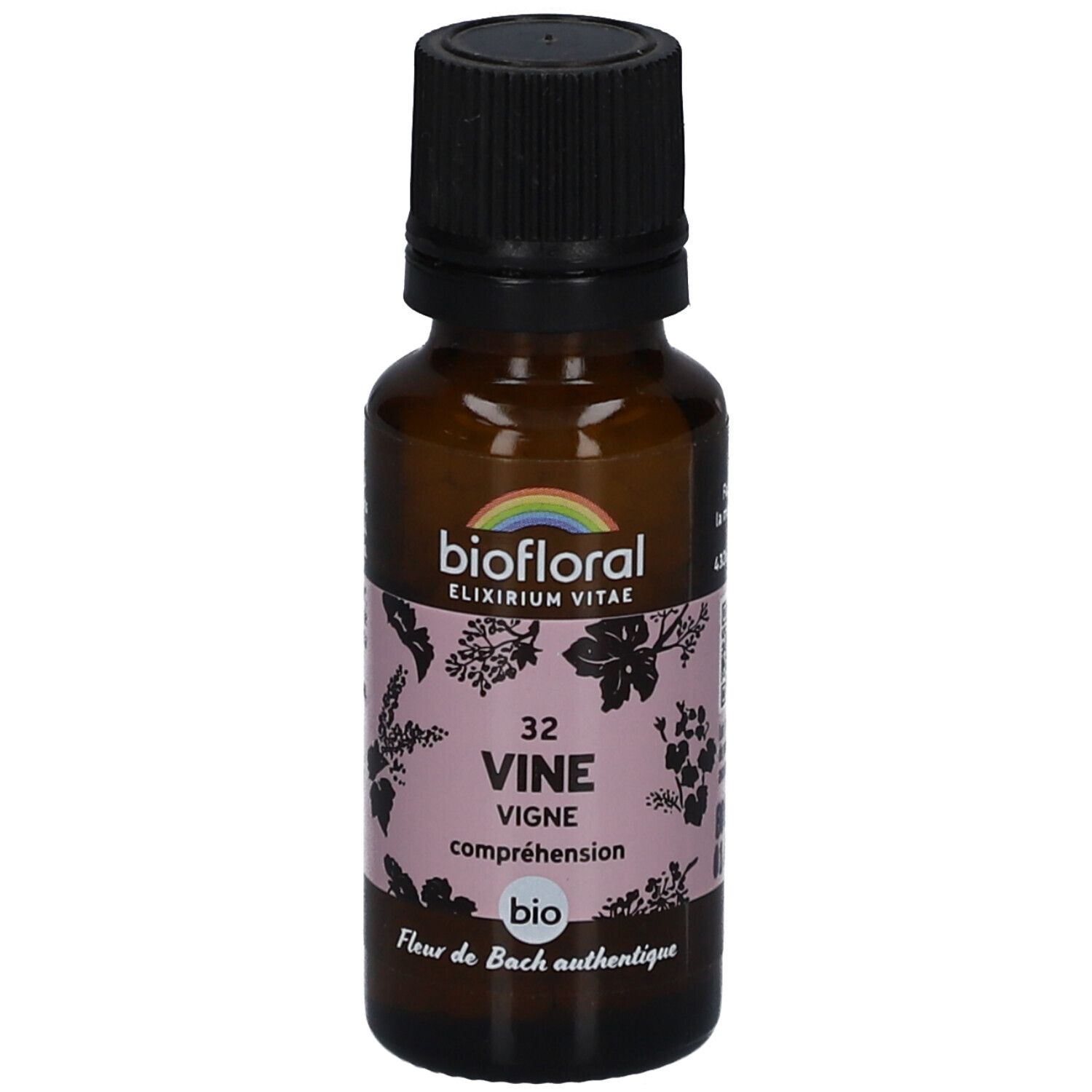 Flacon en verre brun avec bouchon noir. Étiquette avec "biofloral", "VINE", "Vigne", "compréhension" et "bio".