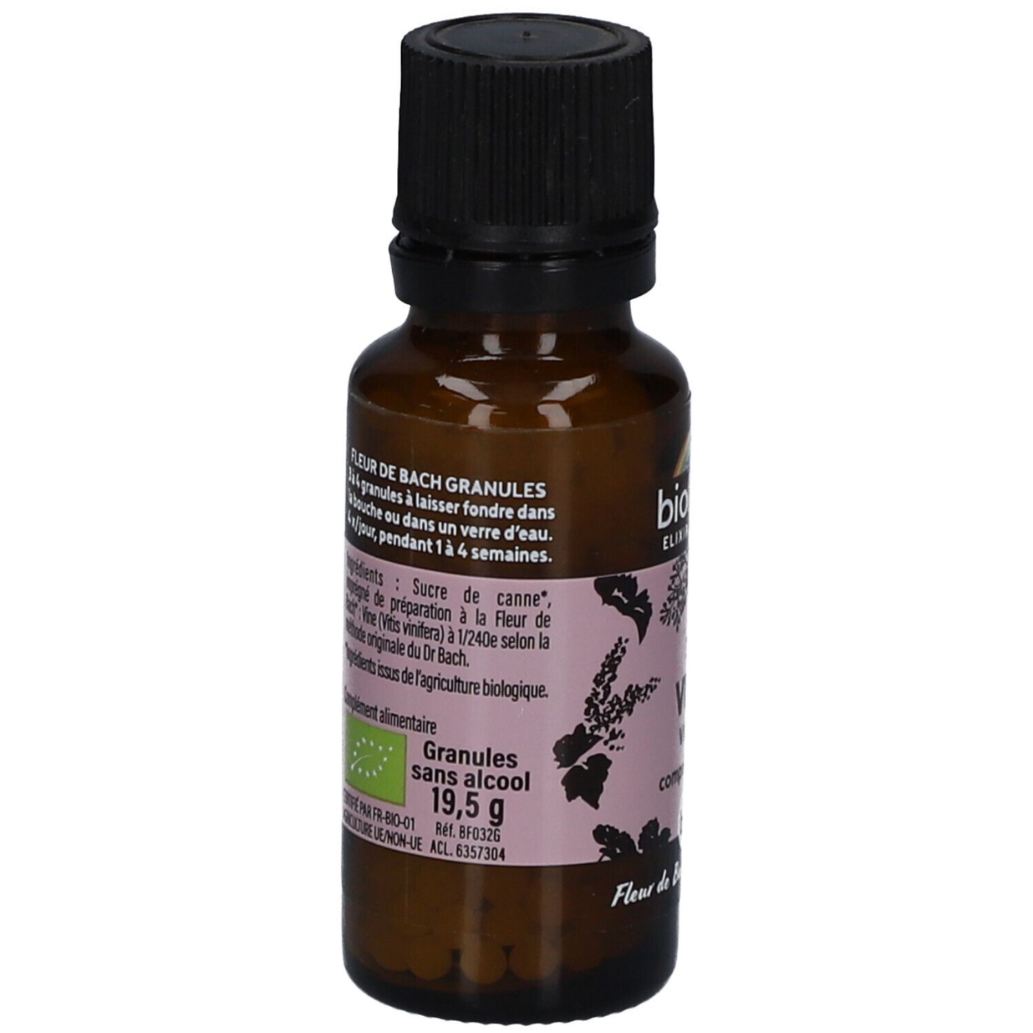 Flacon en verre brun avec bouchon noir. Étiquette avec texte et "Fleur de Bach granules". Contient 19,5 g.