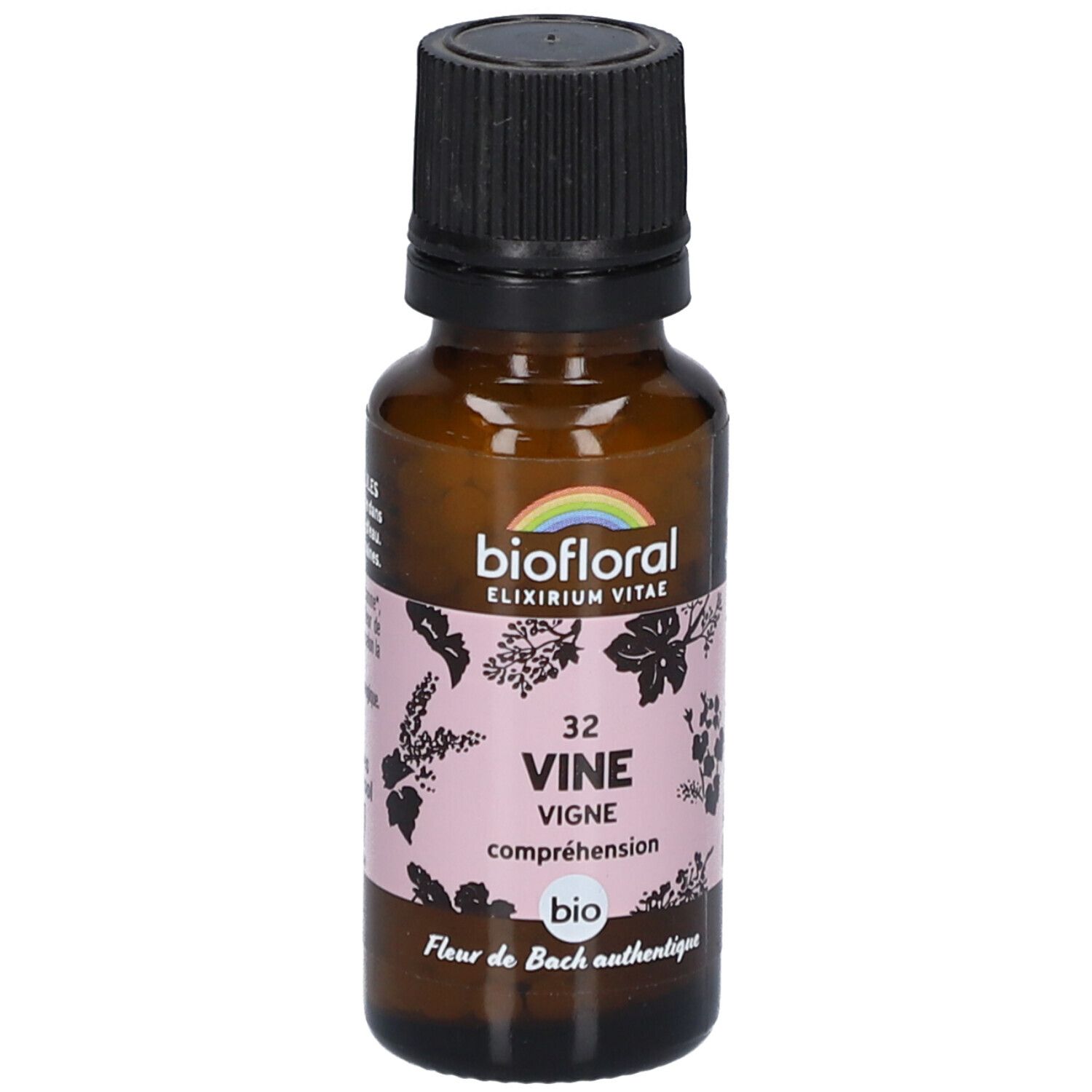Flacon en verre brun avec bouchon noir. Étiquette avec "biofloral", "VINE", "Vigne", "compréhension" et "bio".