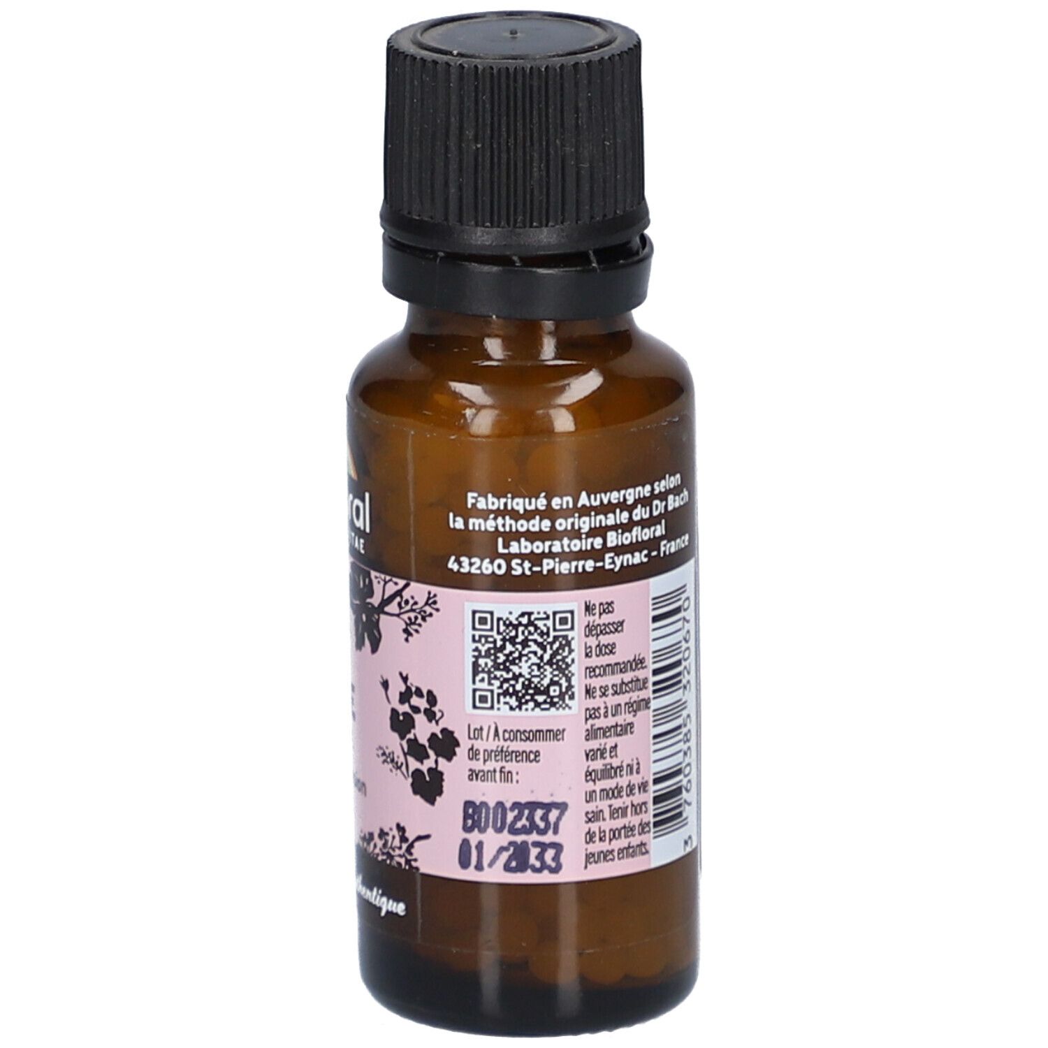 Flacon en verre brun avec bouchon noir. Étiquette avec texte, QR code et date de péremption.