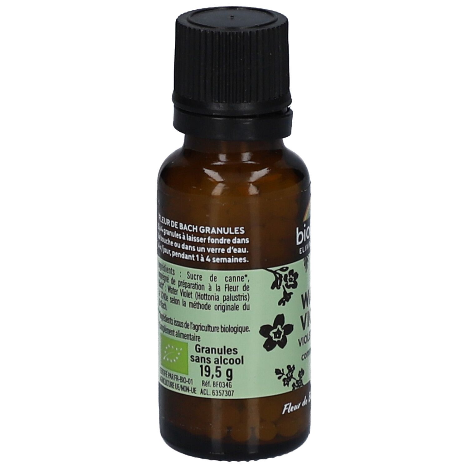 Braune Glasflasche mit schwarzem Deckel. Etikett mit Produktinformationen. Aufschrift: Fleur de Bach Granules. Inhaltsstoffe, 19,5 g.