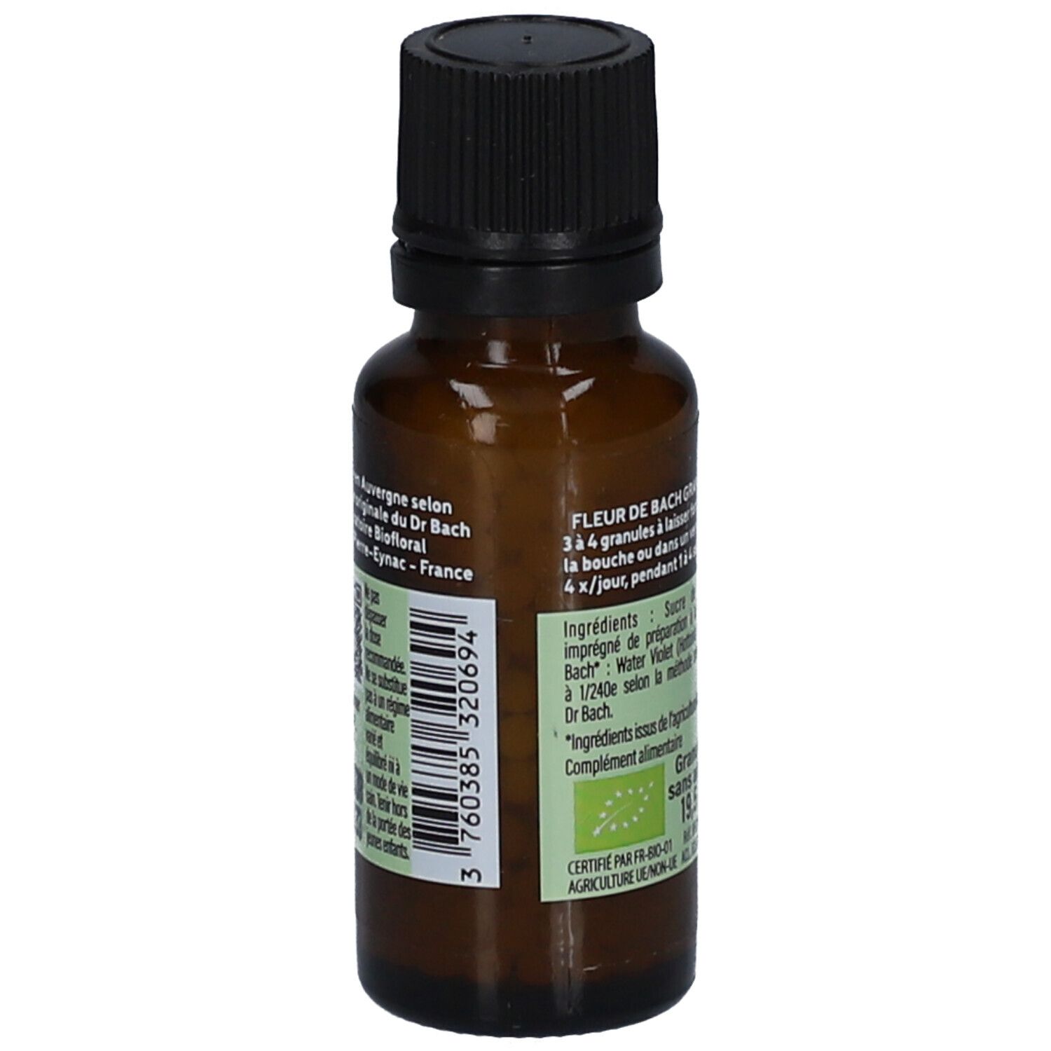 Braune Glasflasche mit schwarzem Deckel. Etikett mit Produktinformationen. Aufschrift: Fleur de Bach. Inhaltsstoffe, 3 760385 320694.