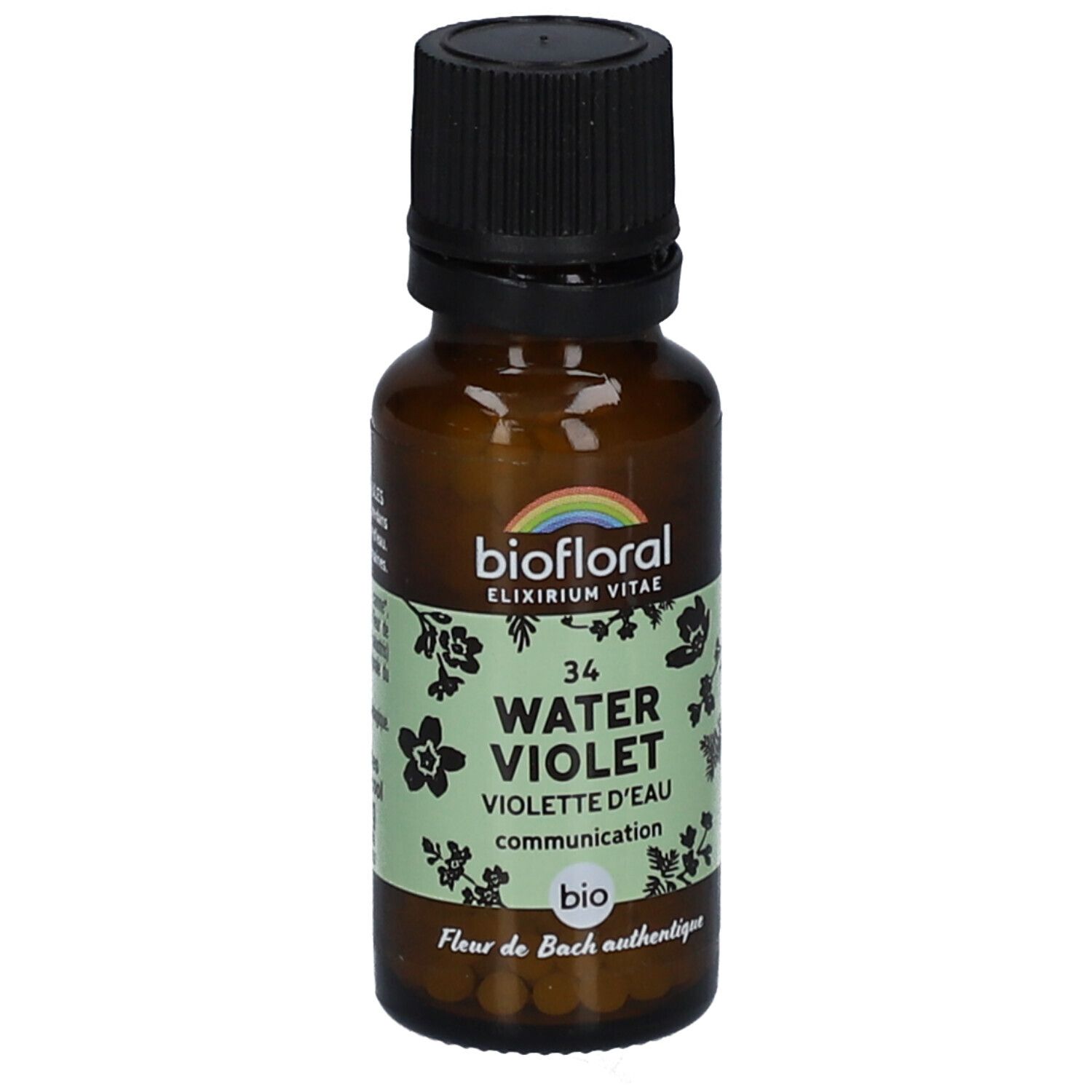 Braune Glasflasche mit schwarzem Deckel. Etikett mit Produktnamen und Logo: BIOFLORAL. Aufschrift: 34 WATER VIOLET.