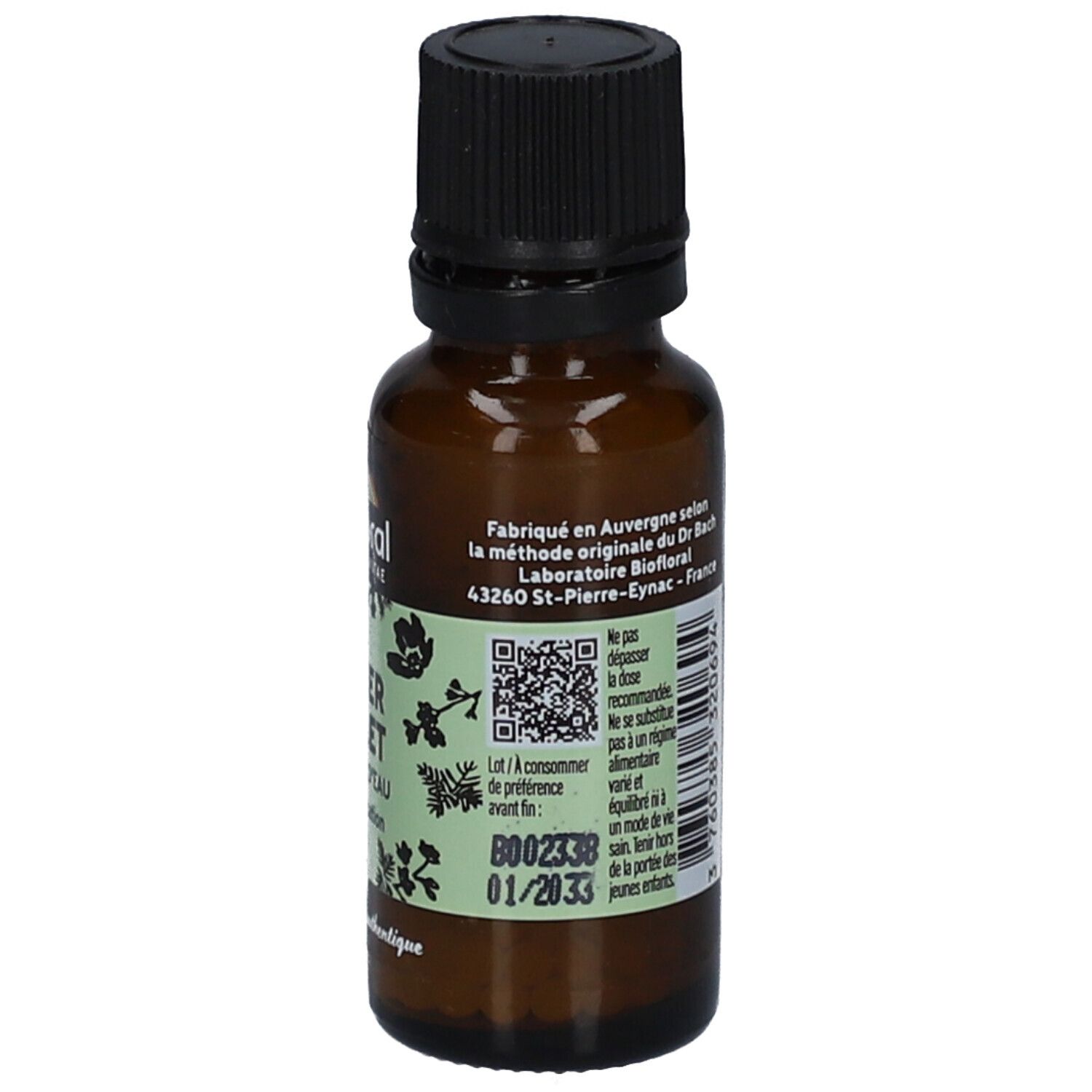 Braune Glasflasche mit schwarzem Deckel. Etikett mit Produktinformationen. Aufschrift: BIOFLORAL. Mindesthaltbarkeitsdatum: 01/2033.