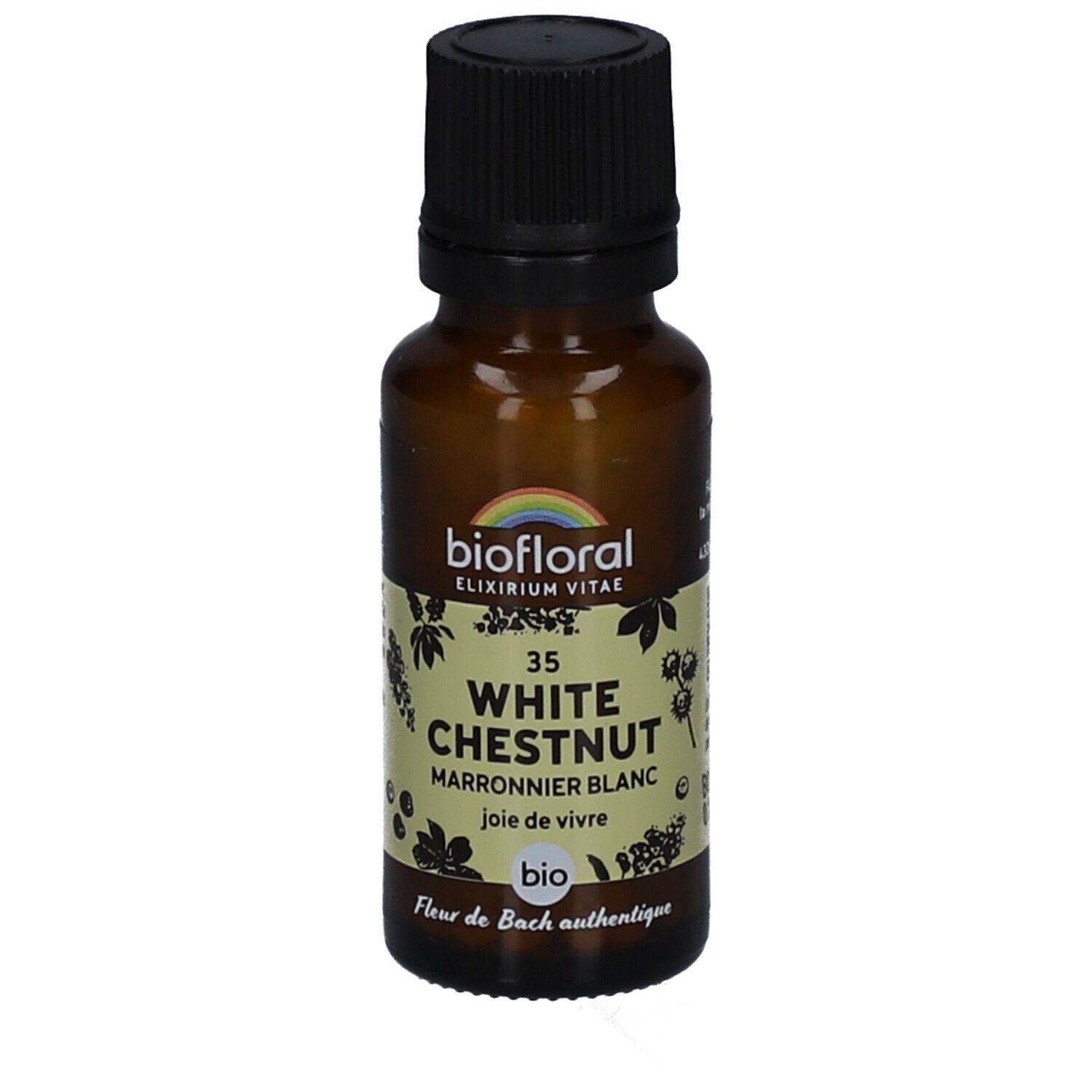 Flacon en verre brun avec bouchon noir. Étiquette avec nom du produit, marque et label bio. Contient 35 White Chestnut.