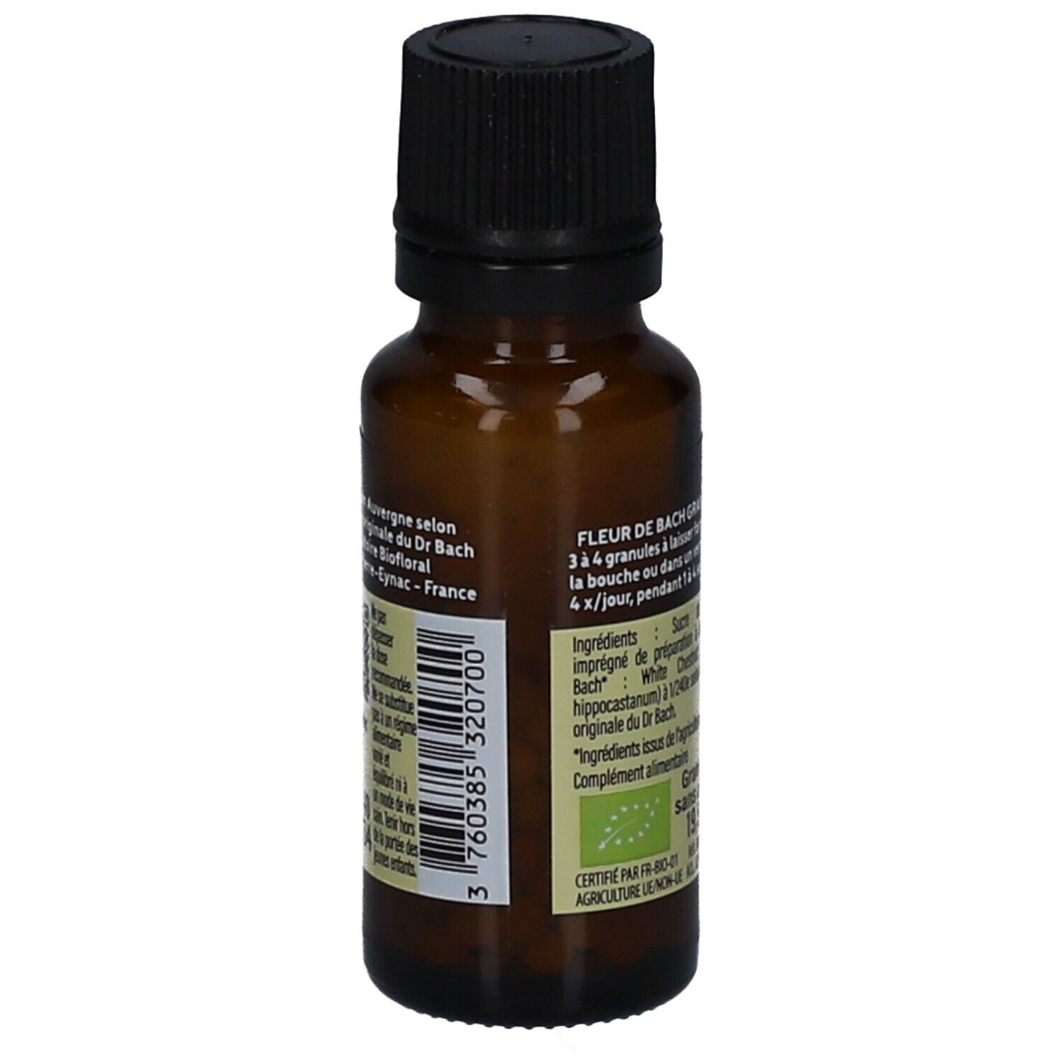 Flacon en verre brun avec bouchon noir. Étiquette avec informations sur le produit et code-barres. Contient ingrédients et certifications.