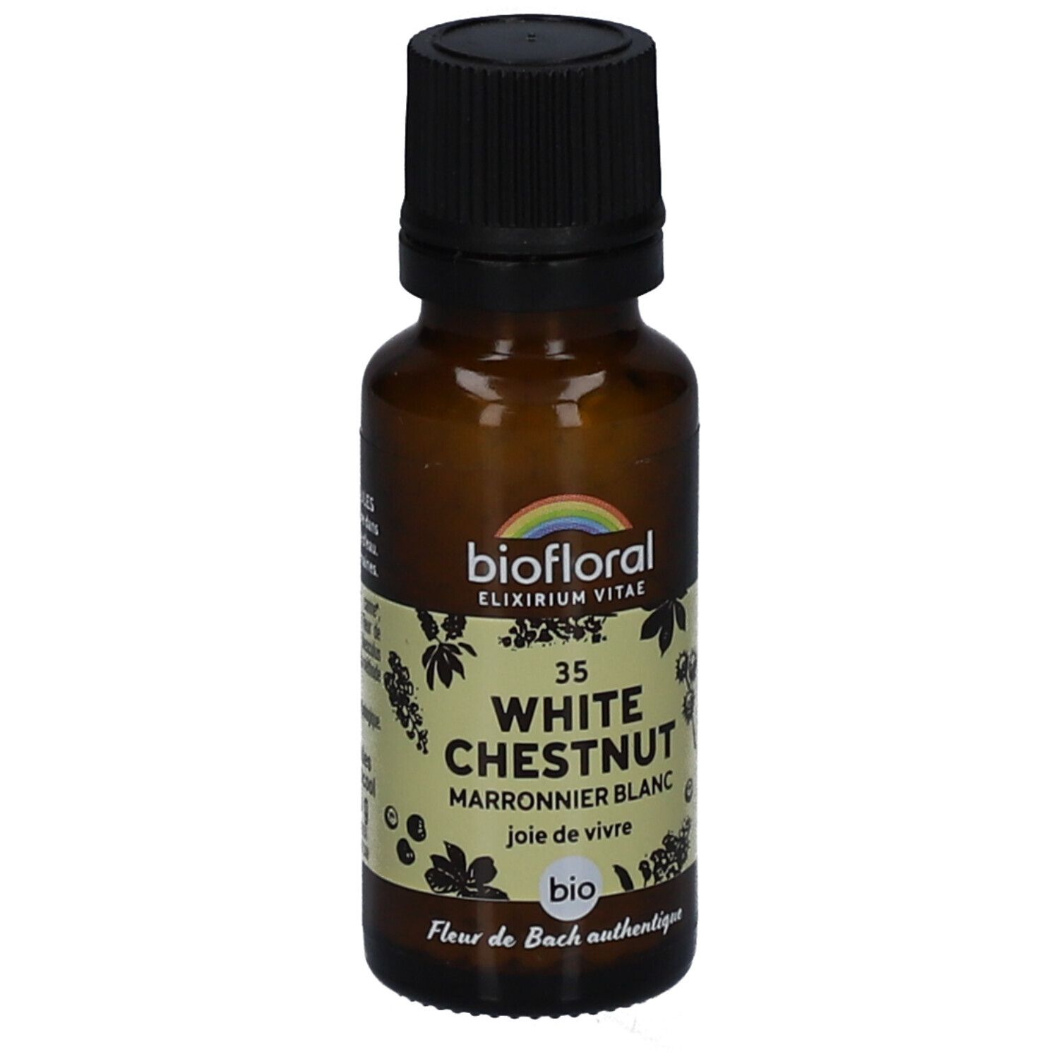 Flacon en verre brun avec bouchon noir. Étiquette avec nom du produit, marque et label bio. Contient 35 White Chestnut.