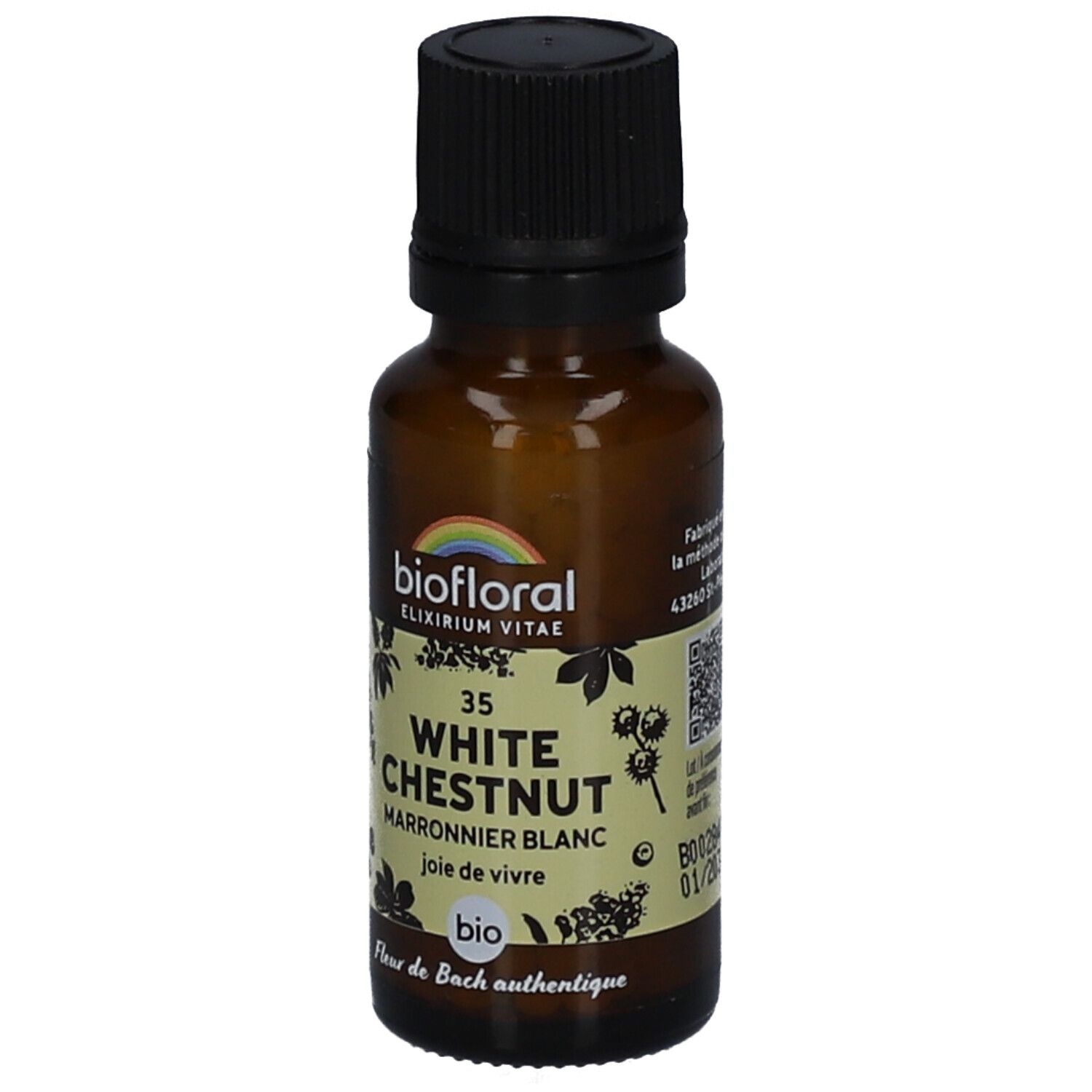 Flacon en verre brun avec bouchon noir. Étiquette avec nom du produit, marque et label bio. Contient 35 White Chestnut.